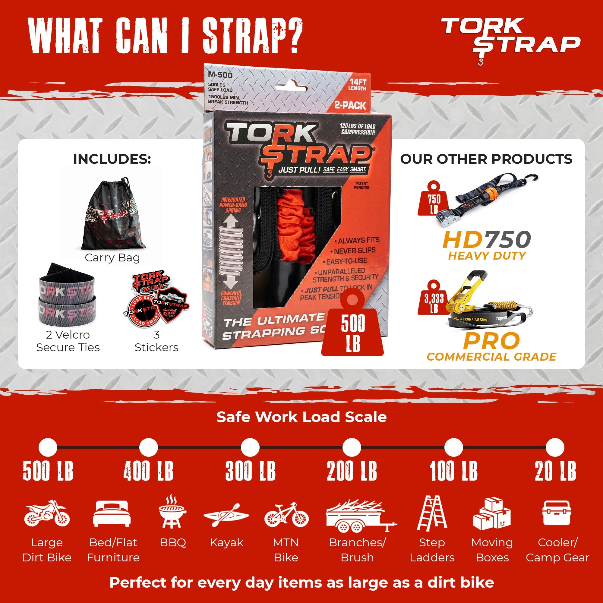 TorkStrap M500 | 14'x1'' Spring Loaded Tie Down Straps - 1500lbs Max Load