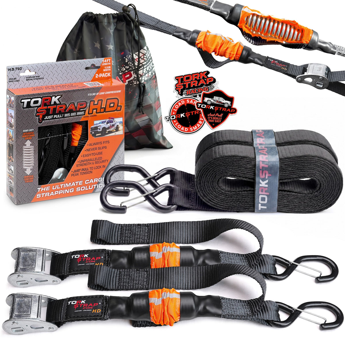 TorkStrap HD750 | 14'x1.5'' Spring Loaded Tie Down Straps - 2250lb Max Load (2, 4, 8, 12, Pack)