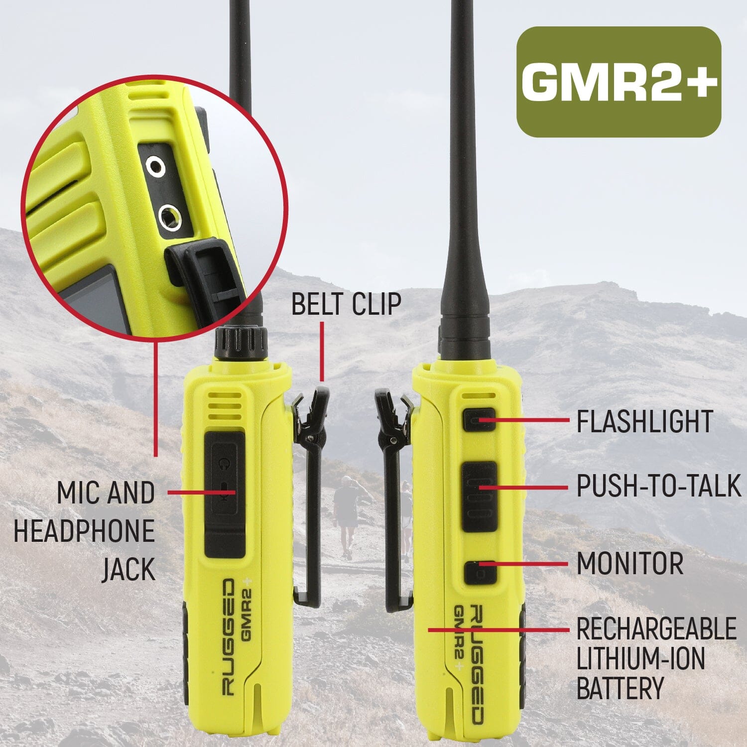 2 PACK - Rugged GMR2 PLUS GMRS and FRS Two Way Handheld Radios - High Visibility Safety Yellow