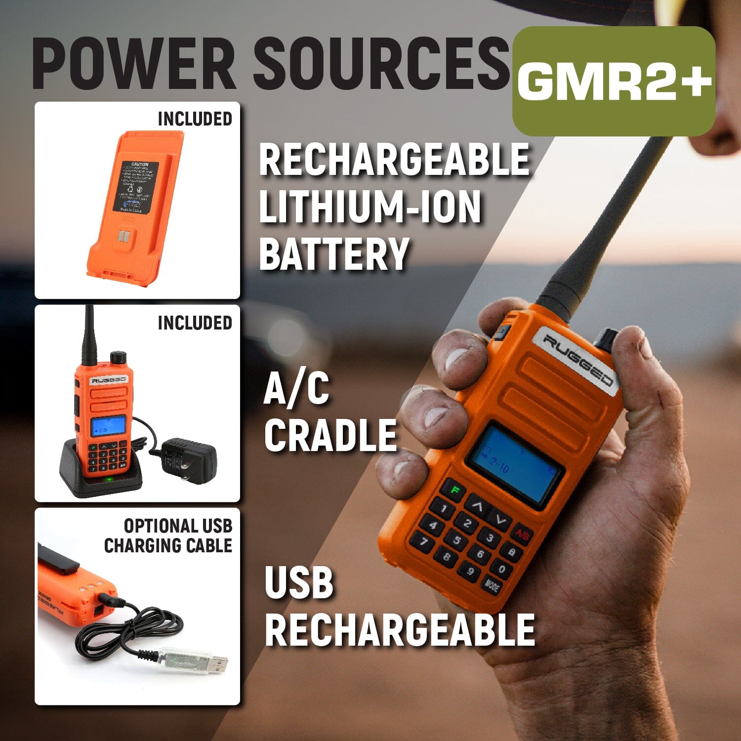 2 PACK - Rugged GMR2 PLUS GMRS and FRS Two Way Handheld Radios - Safety Orange