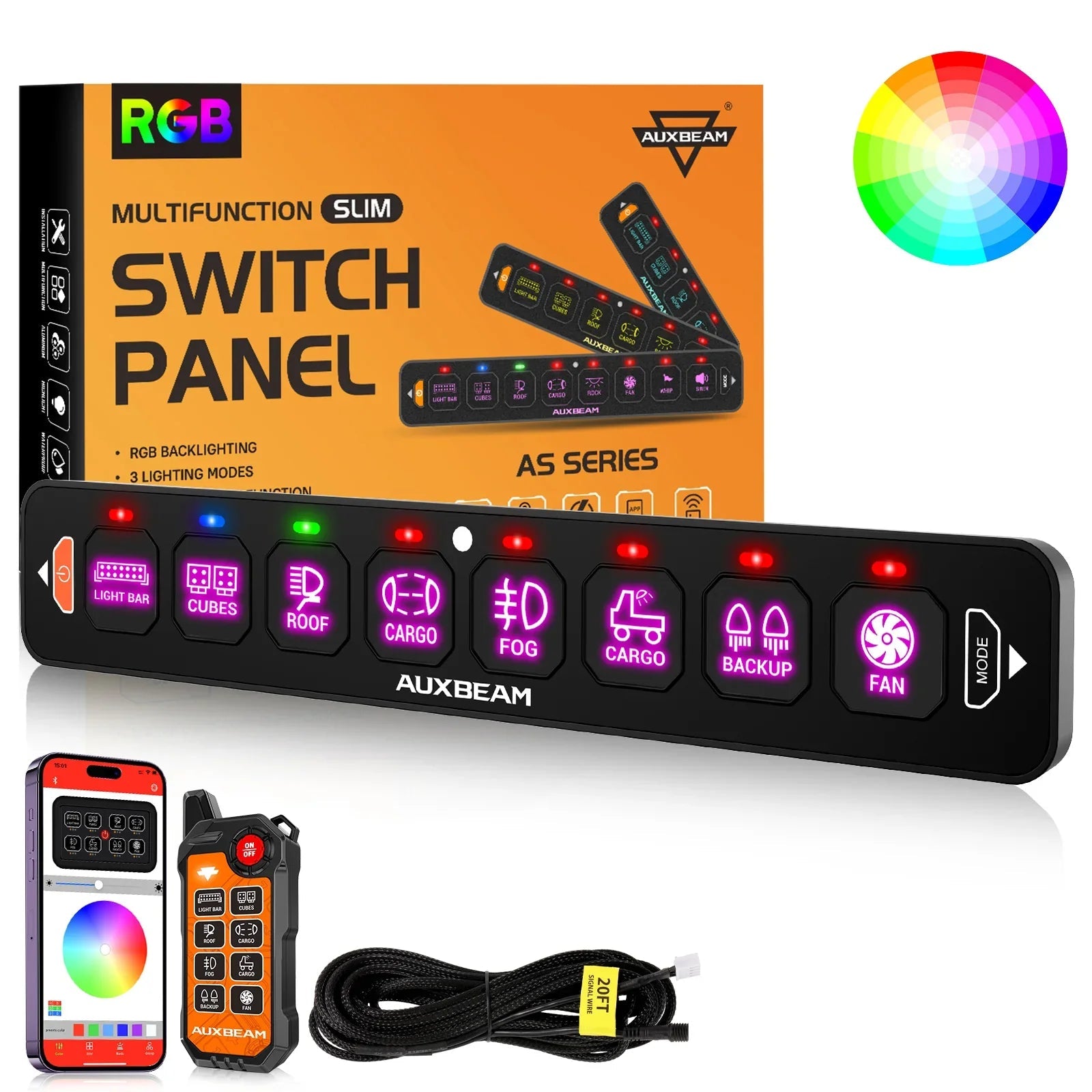 AS Series 8 Gang (AS-800) RGB Slim Switch Panel with APP&Remote Control, Toggle/ Momentary/ Pulsed Mode Supported(One-Sided Outlet)