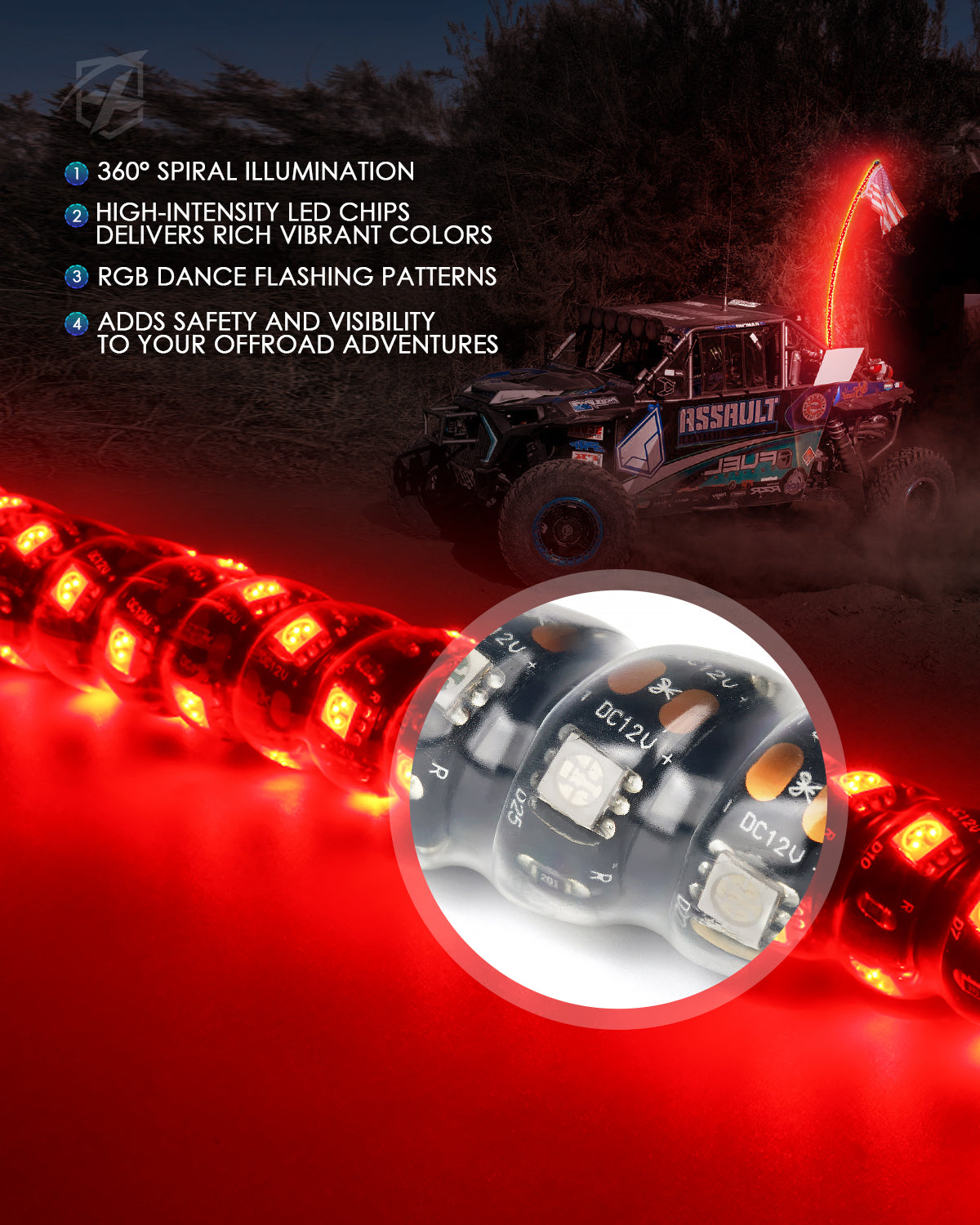 Xprite Spiral RGB LED Whip Lights – Off-Road Flag Pole Chase Lights for UTV, ATV, Polaris RZR  | Twister Series