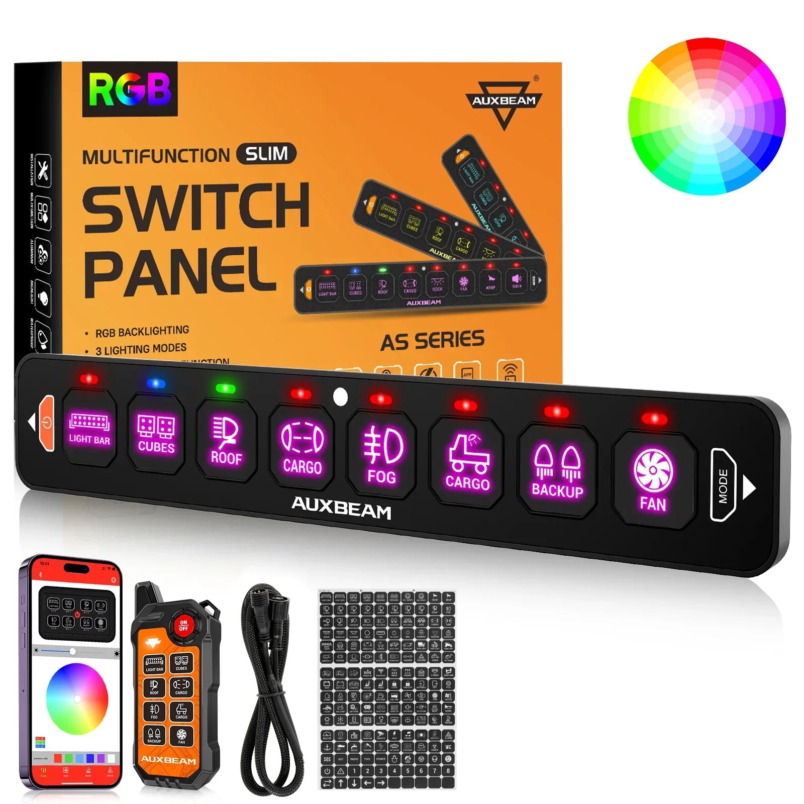 AS Series 8 Gang (AS-800) RGB Slim Switch Panel with APP&Remote Control, Toggle/ Momentary/ Pulsed Mode Supported(One-Sided Outlet)