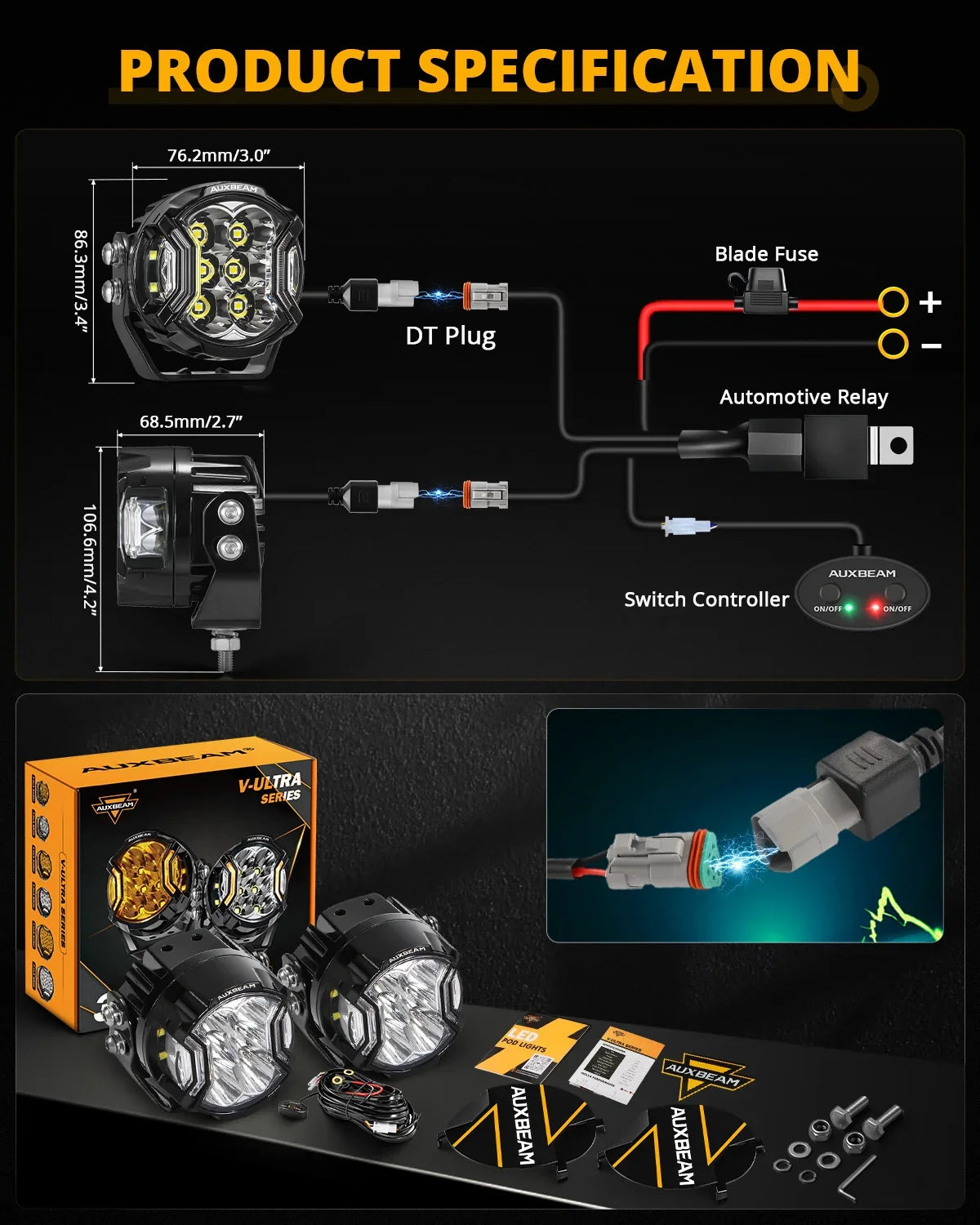 V-ULTRA Series | 3 Inch 108W LED Side Shooter White Pod Lights with Amber DRL