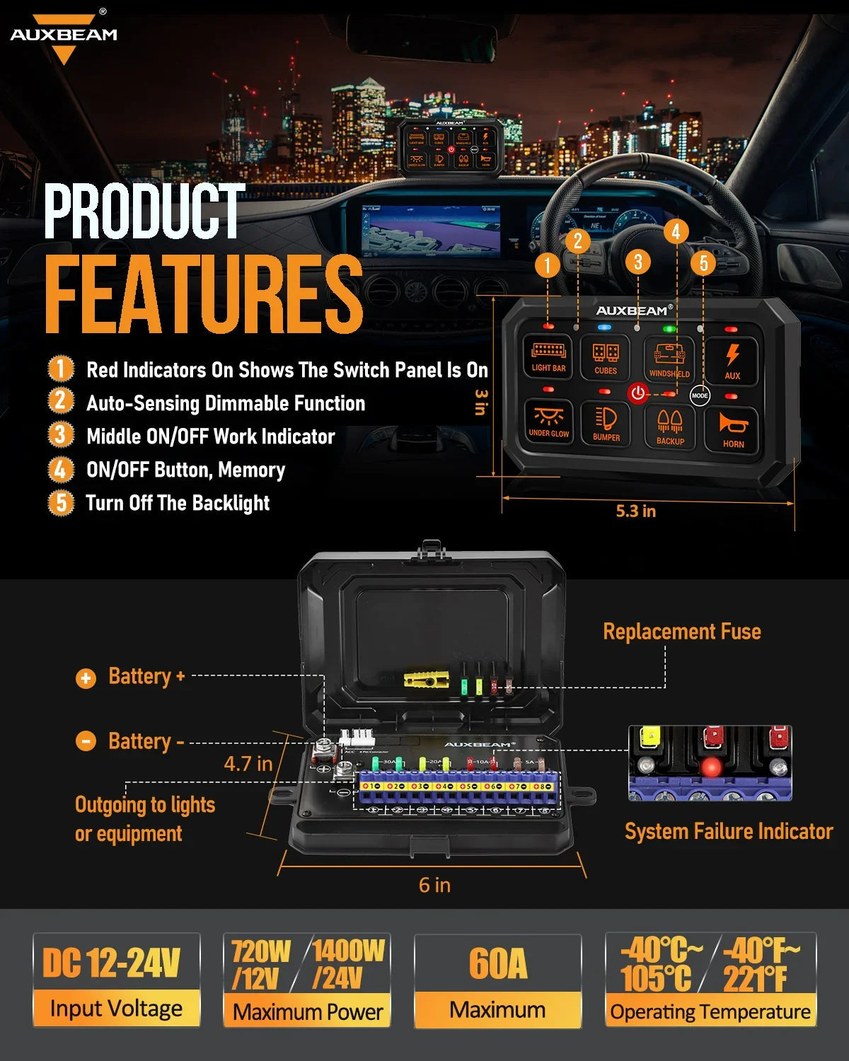 RGB Series 8 Gang (RA80 XL) Switch Panel, Larger Size, Toggle/ Momentary/ Pulsed Mode Supported