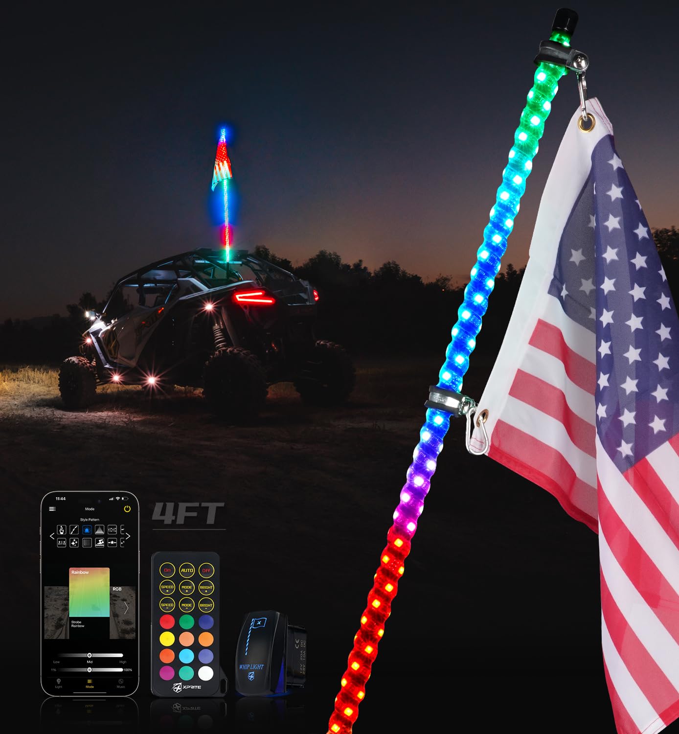 Xprite RGB LED ATV & UTV  Whip Light  With Spring Mount