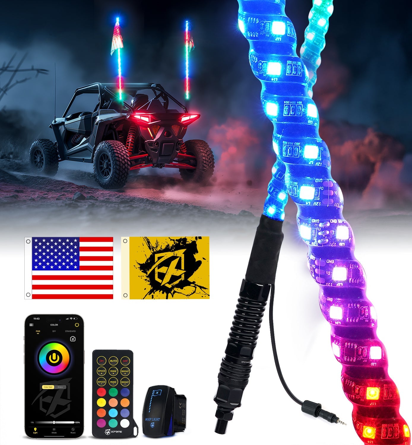Xprite RGB LED ATV & UTV  Whip Light  With Spring Mount