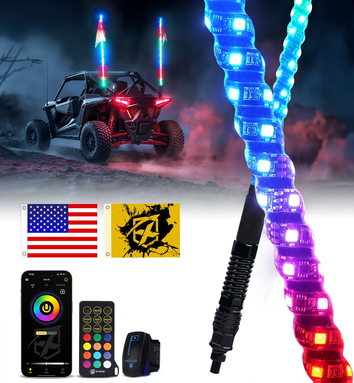 Xprite  RGB LED Whip Light  With Spring Mount Compatible  SXS ATV UTV Polaris RZR Can-am Jeep