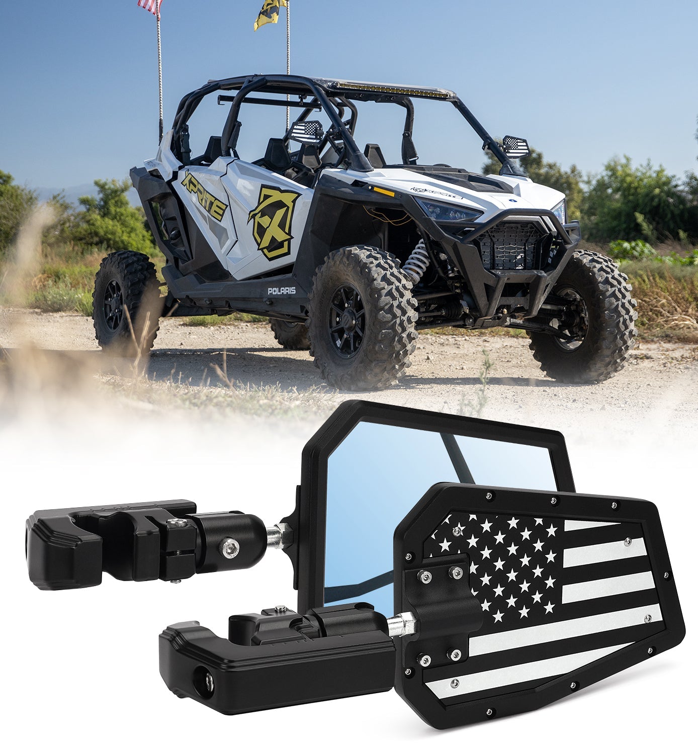 Xprite UTV Side Mirrors Adjustable Bracket – Universal Roll Bar Rear View Mirrors for RZR & Can-Am