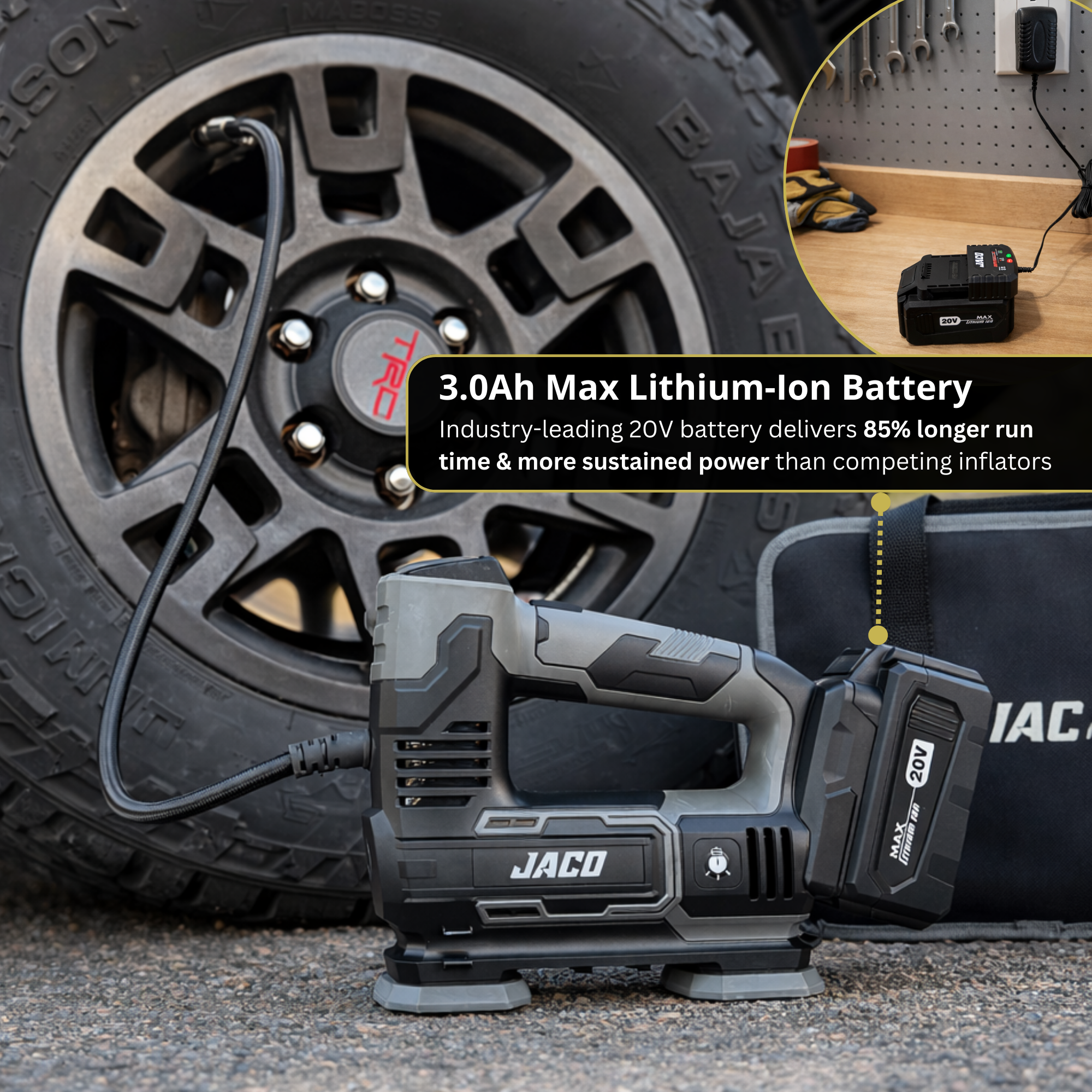 20V Cordless Tire Inflator Portable Air Compressor | 3.0Ah Lithium-Ion Battery Powered Air Pump