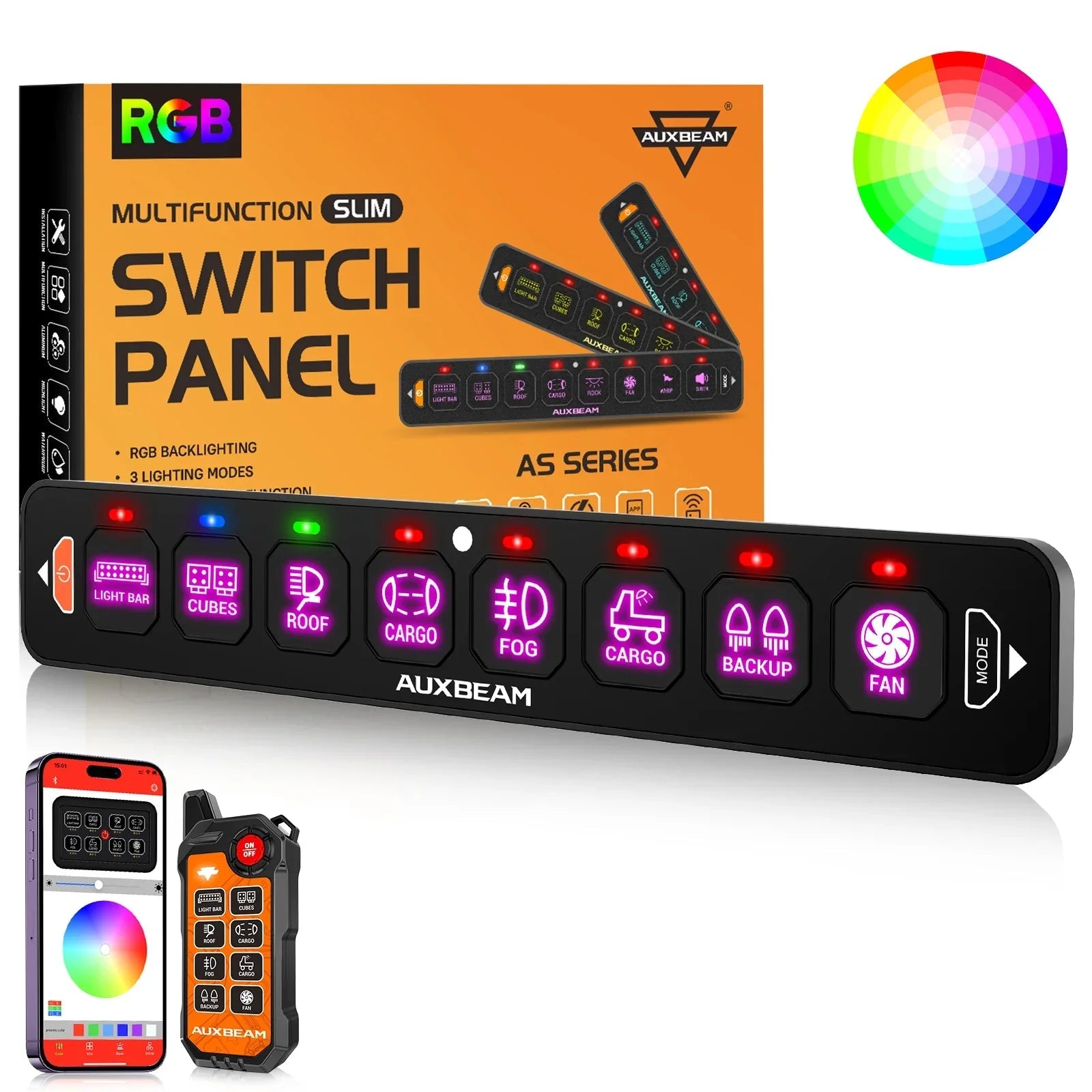 AS Series 8 Gang (AS-800) RGB Slim Switch Panel with APP&Remote Control, Toggle/ Momentary/ Pulsed Mode Supported(One-Sided Outlet)