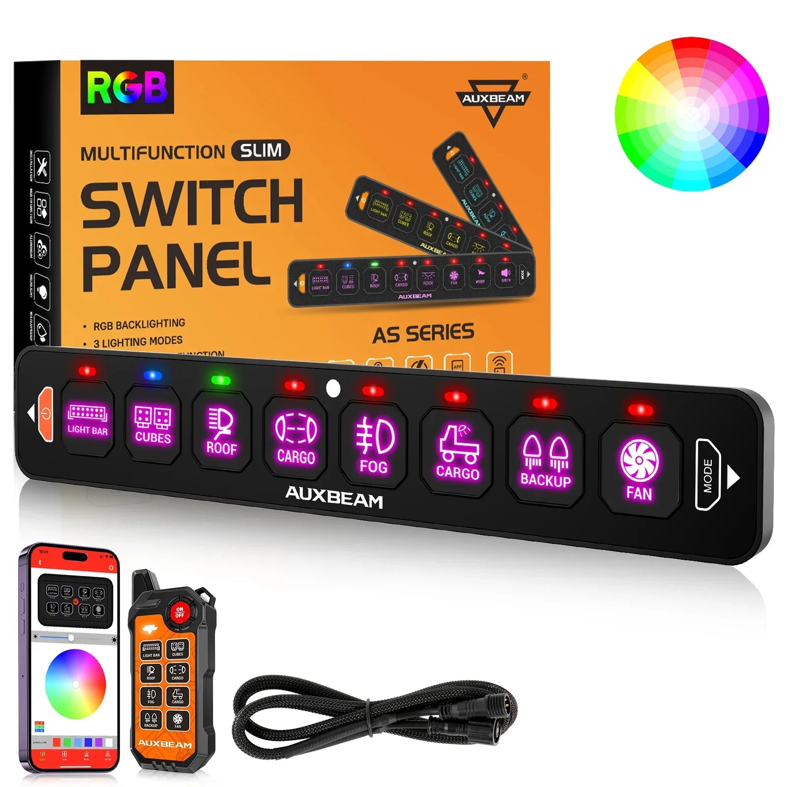 AS Series 8 Gang (AS-800) RGB Slim Switch Panel with APP&Remote Control, Toggle/ Momentary/ Pulsed Mode Supported(One-Sided Outlet)