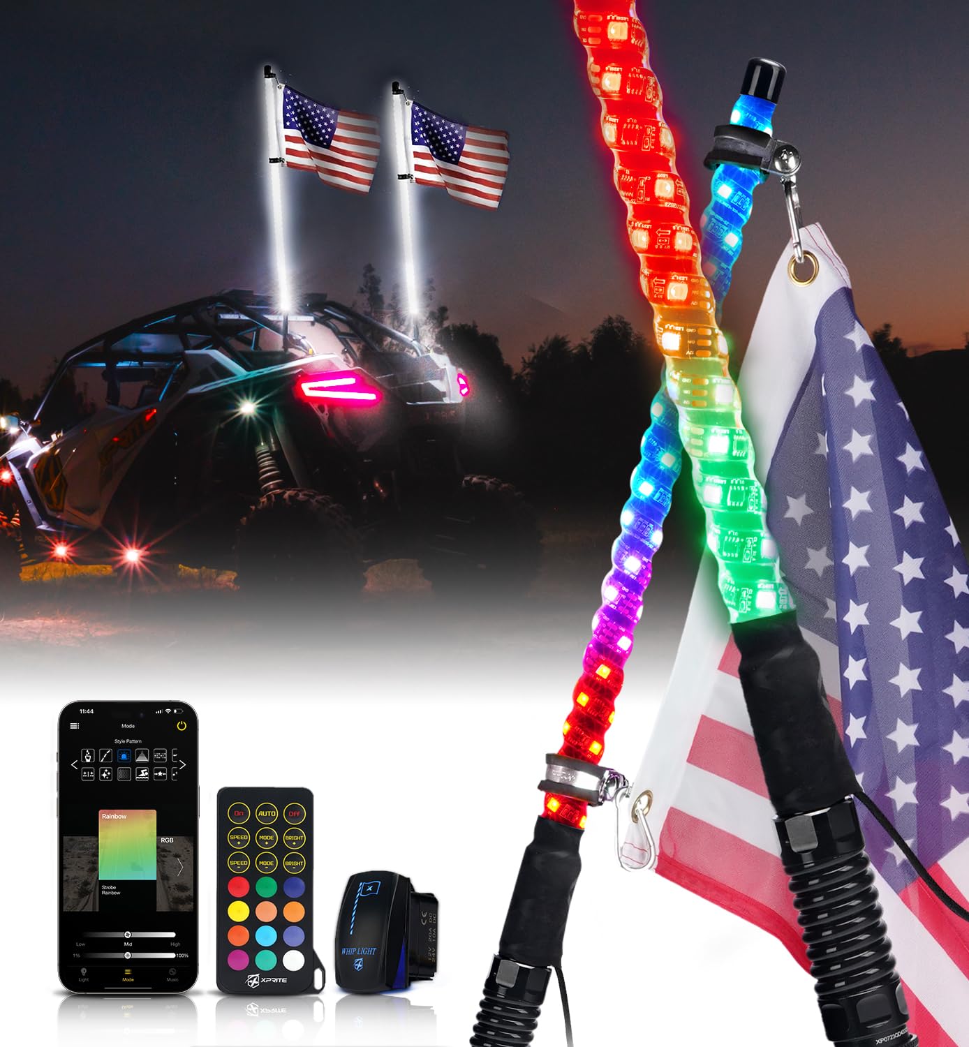 Xprite  RGB LED Whip Light  With Spring Mount Compatible  SXS ATV UTV Polaris RZR Can-am Jeep