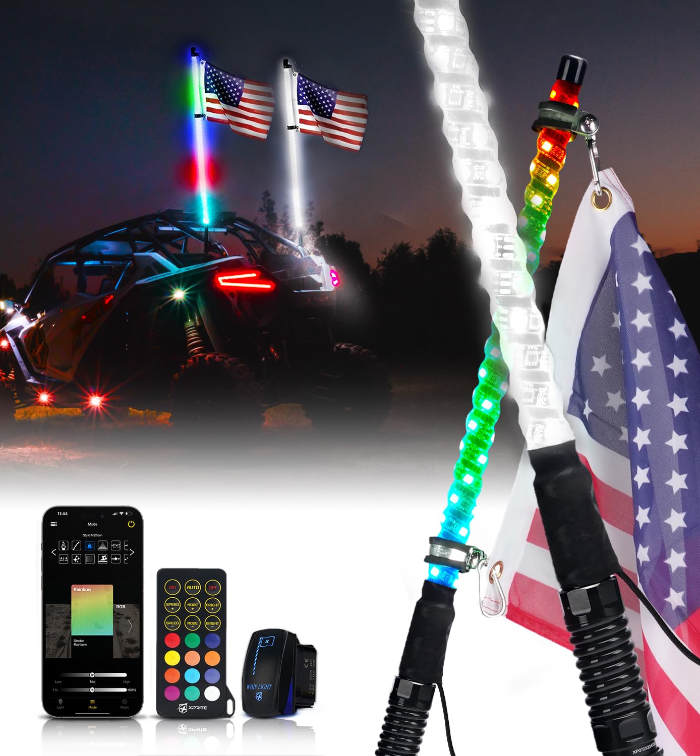 Xprite  RGB LED Whip Light  With Spring Mount Compatible  SXS ATV UTV Polaris RZR Can-am Jeep