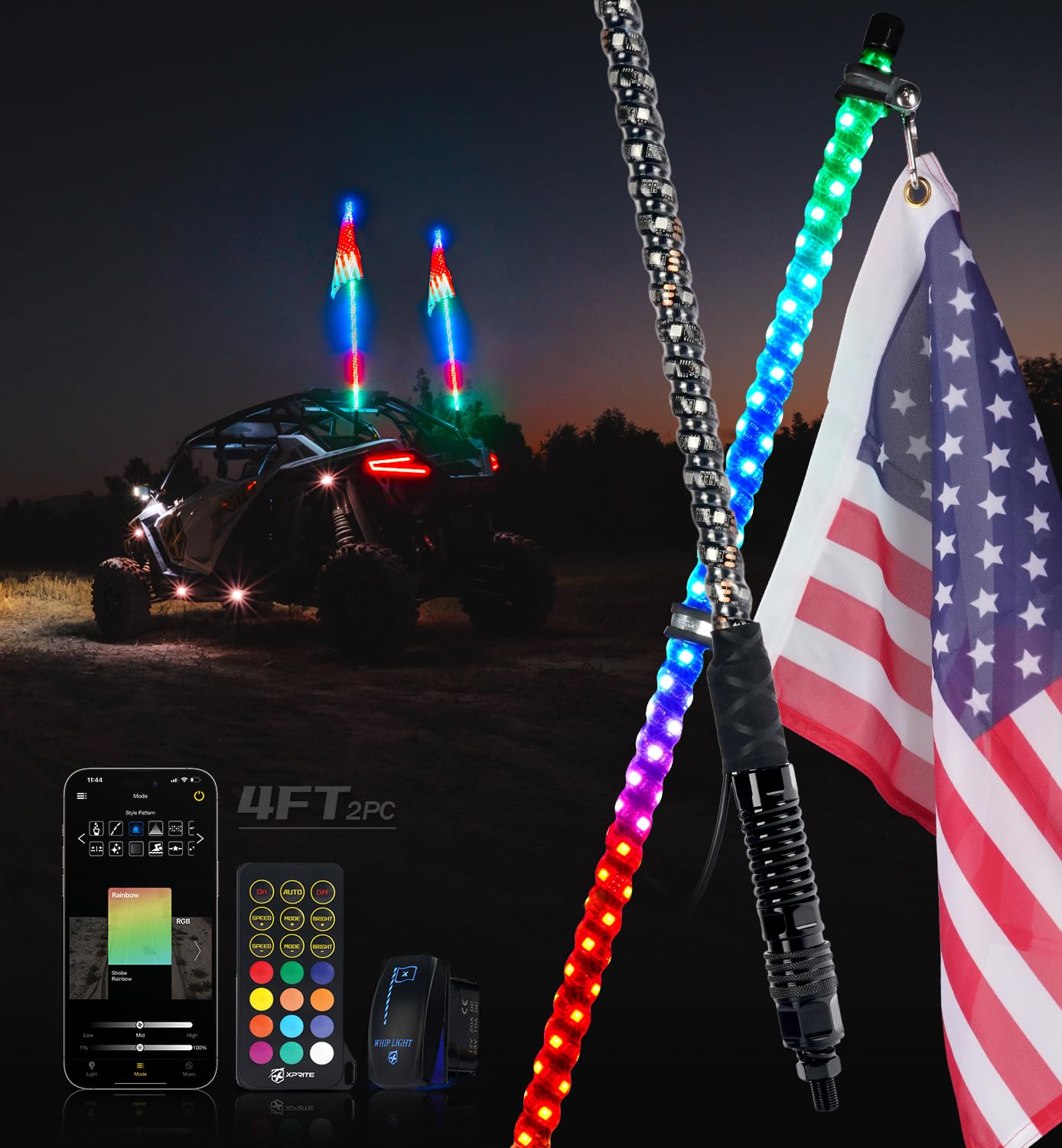 Xprite RGB LED ATV & UTV  Whip Light  With Spring Mount