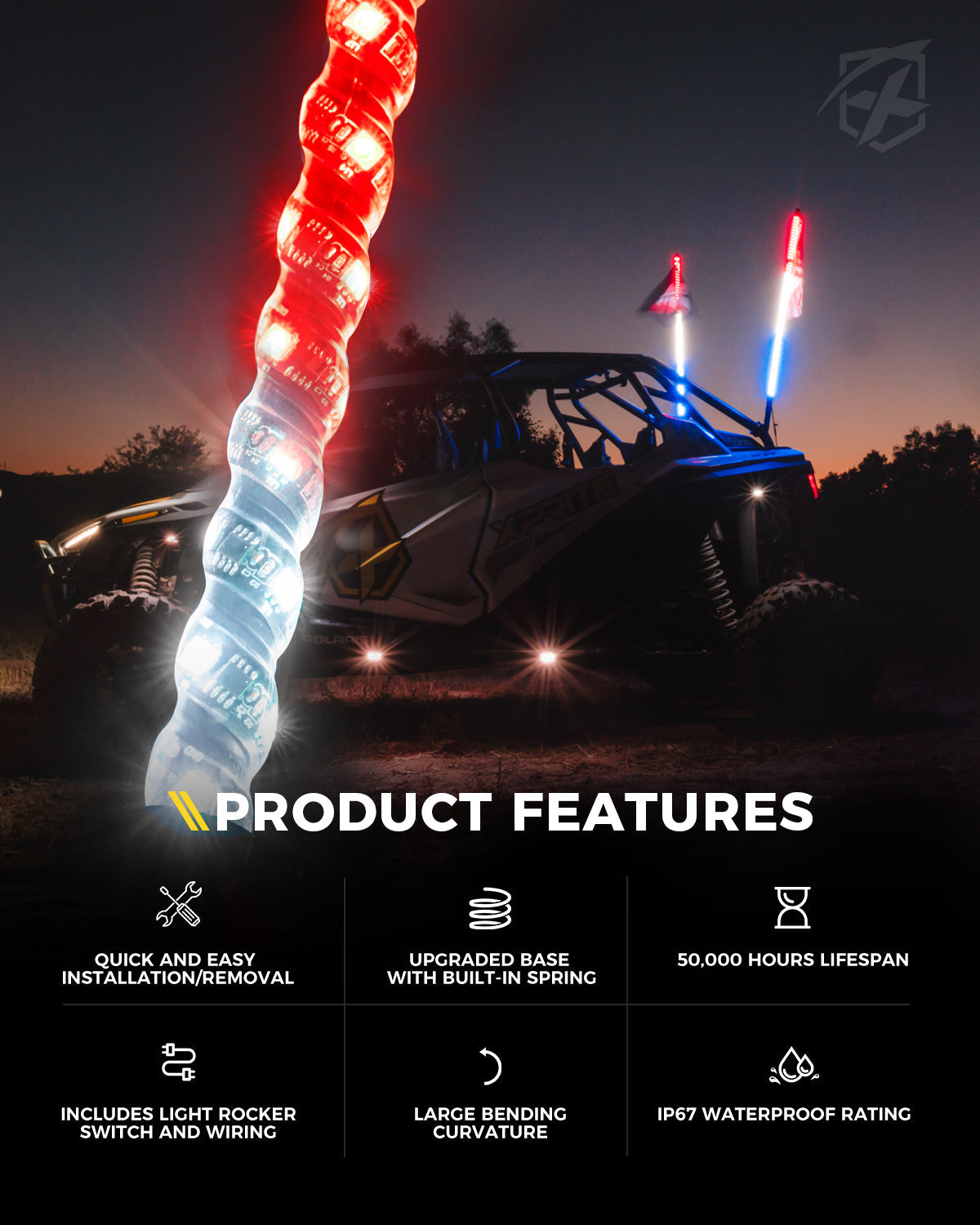 Xprite Spiral LED Flag Pole Whip Light with Spring Mount– Off-Road Safety Antenna Light for UTV, ATV, RZR & Can-Am