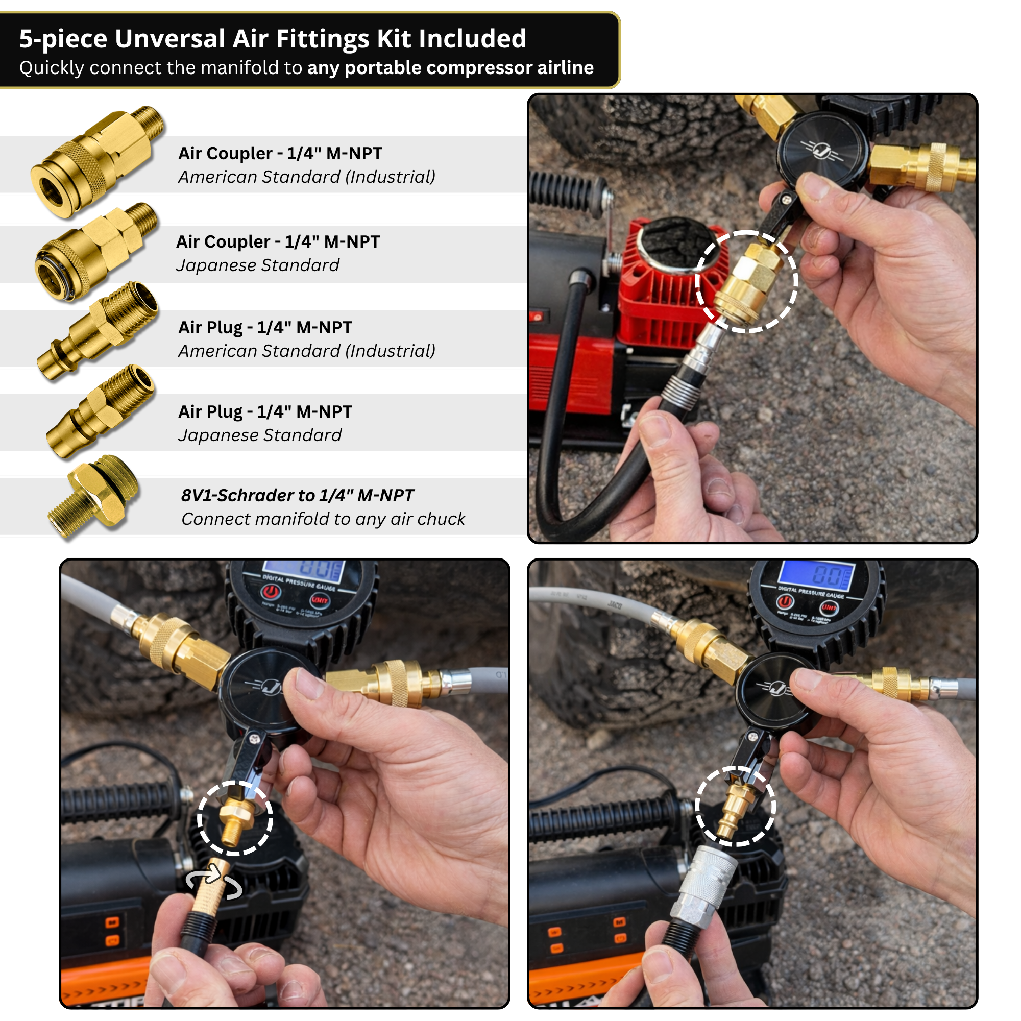 Rapid 4-Tire Inflation/Deflation System with Lightning™ Air Chucks | Multi-Tire Inflator/Deflator 4-Way Hose Kit for Off Road 4x4