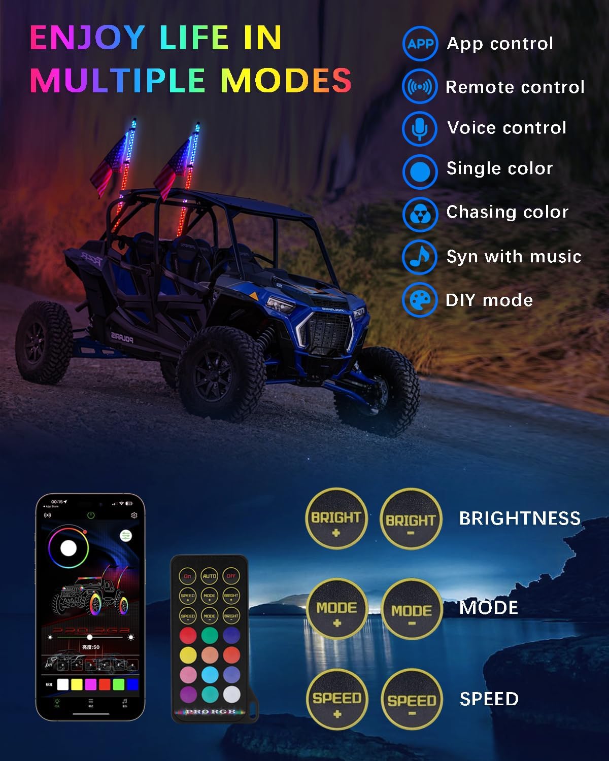 Tavaray 2PCS 3FT Whip Lights with Spring Base, LED Whip Lights with App & Remote Control, Waterproof 360° Spiral Chasing Lighted Whips w/Rocker Switch for UTV, ATV, SXS, Polaris RZR