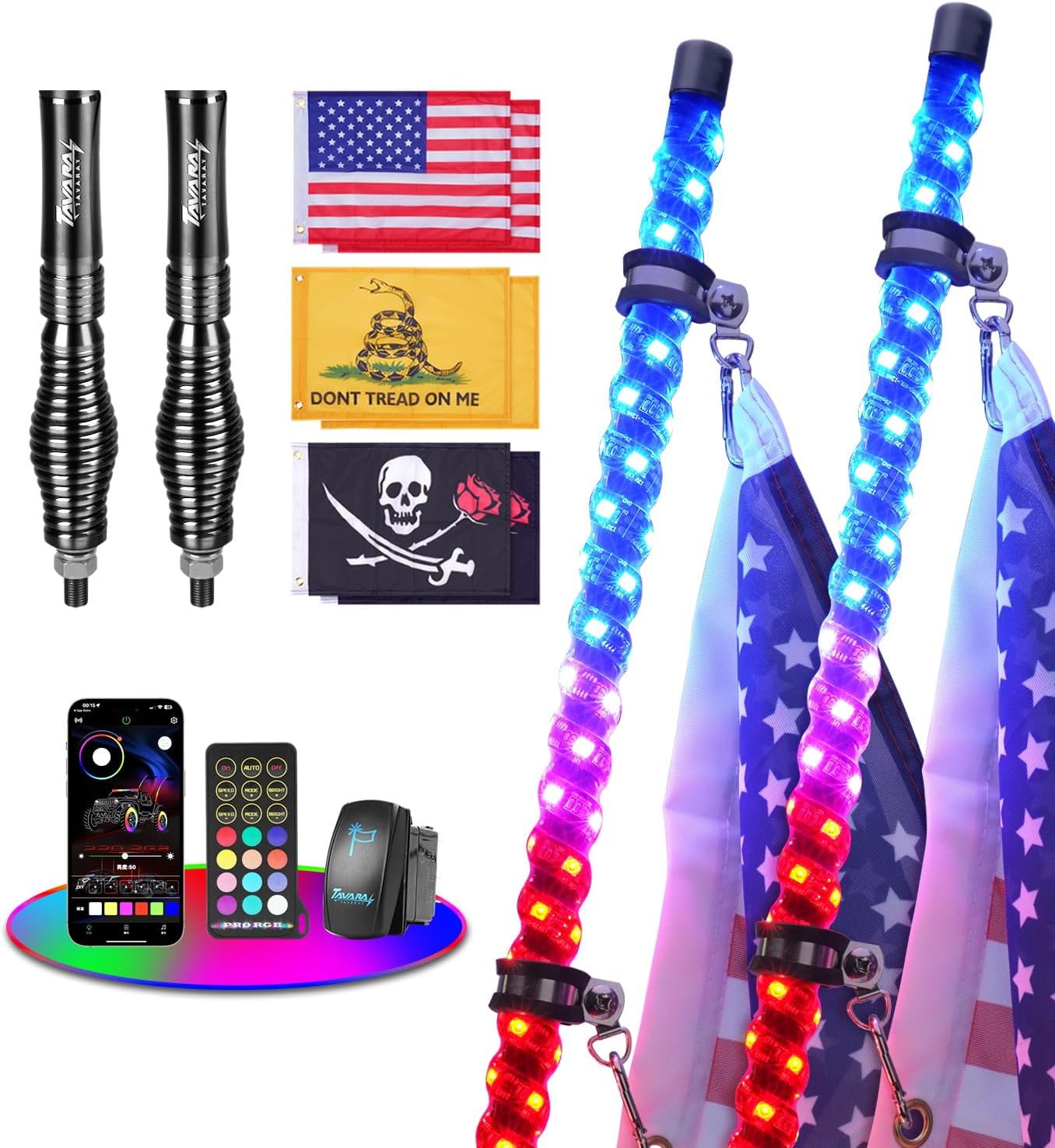 Tavaray 2PCS 3FT Whip Lights with Spring Base, LED Whip Lights with App & Remote Control, Waterproof 360° Spiral Chasing Lighted Whips w/Rocker Switch for UTV, ATV, SXS, Polaris RZR