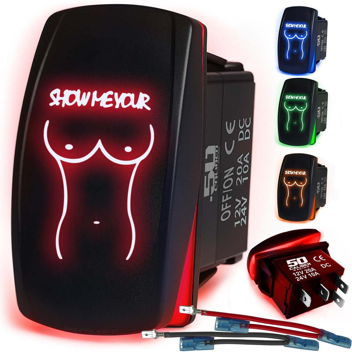Waterproof Funny Rocker Switch 12v ON/Off, LED Backlit with Etched Design w/Toggle Switch 12v - UTV, Auto, Boat 20A Variation
