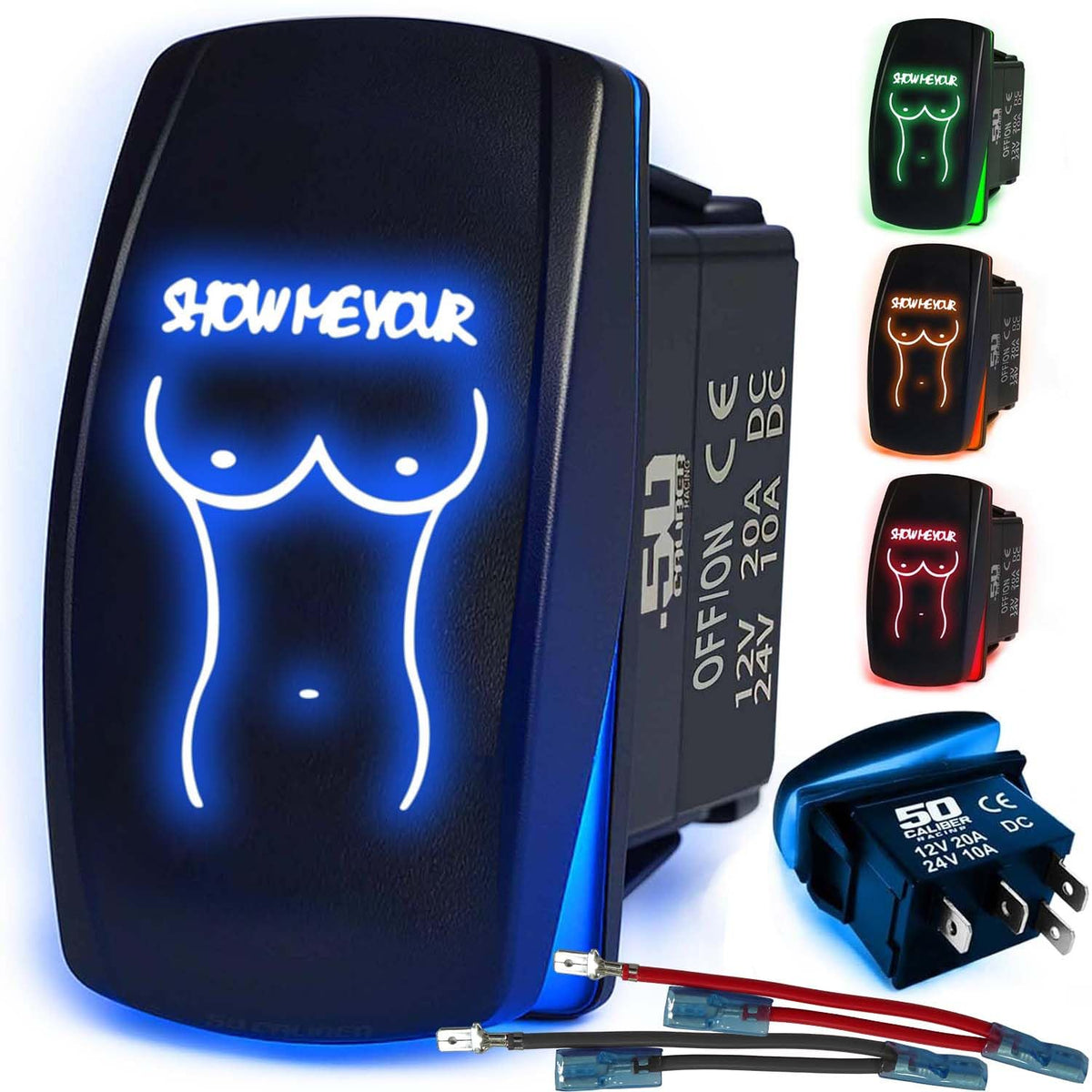 Waterproof Funny Rocker Switch 12v ON/Off, LED Backlit with Etched Design w/Toggle Switch 12v - UTV, Auto, Boat 20A Variation