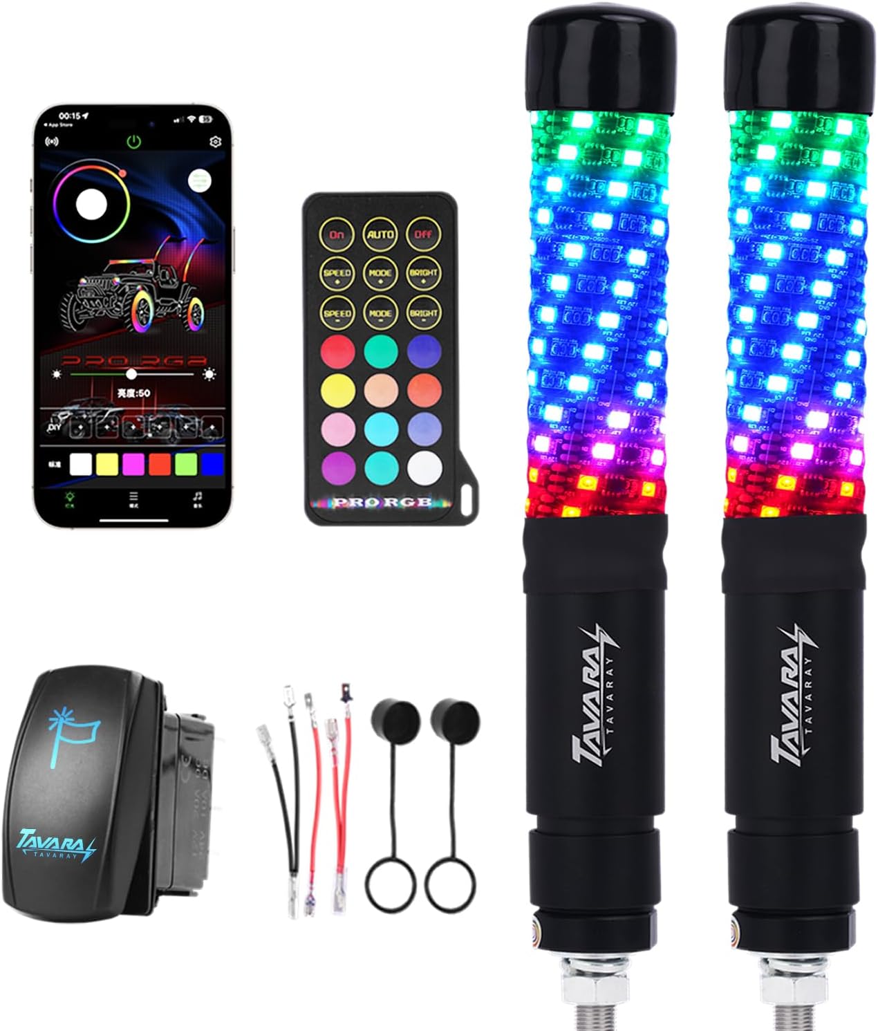Tavaray Fat Whip Lights – Spiral RGB Chasing Lighted Antenna Whips, Whip Lights for Side by Side UTV ATV RZR Can-Am X3, with App/Remote Control, Turn Signal & Rocker Switch