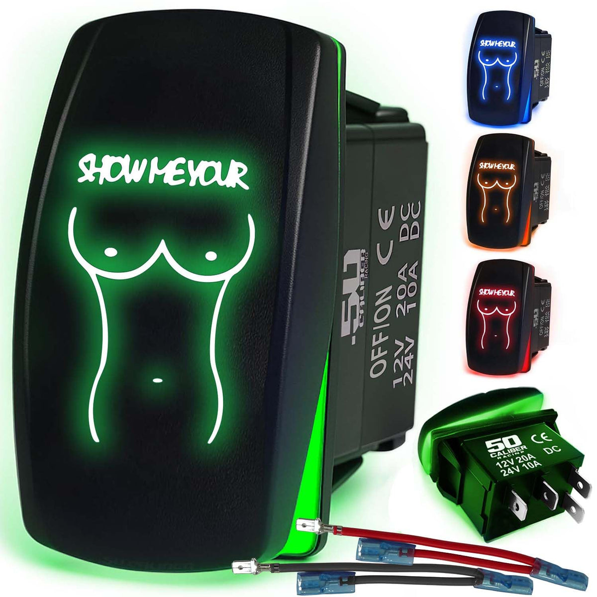 Waterproof Funny Rocker Switch 12v ON/Off, LED Backlit with Etched Design w/Toggle Switch 12v - UTV, Auto, Boat 20A Variation