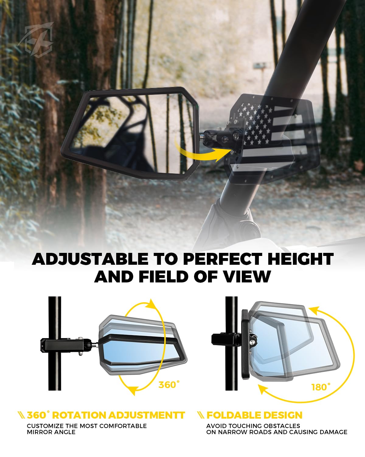 Xprite UTV Side Mirrors Adjustable Bracket – Universal Roll Bar Rear View Mirrors for RZR & Can-Am