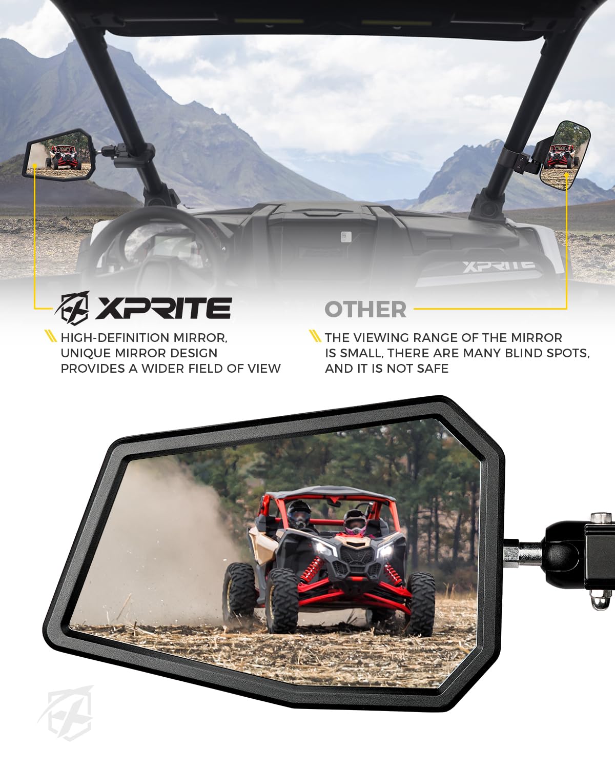 Xprite UTV Side Mirrors Adjustable Bracket – Universal Roll Bar Rear View Mirrors for RZR & Can-Am