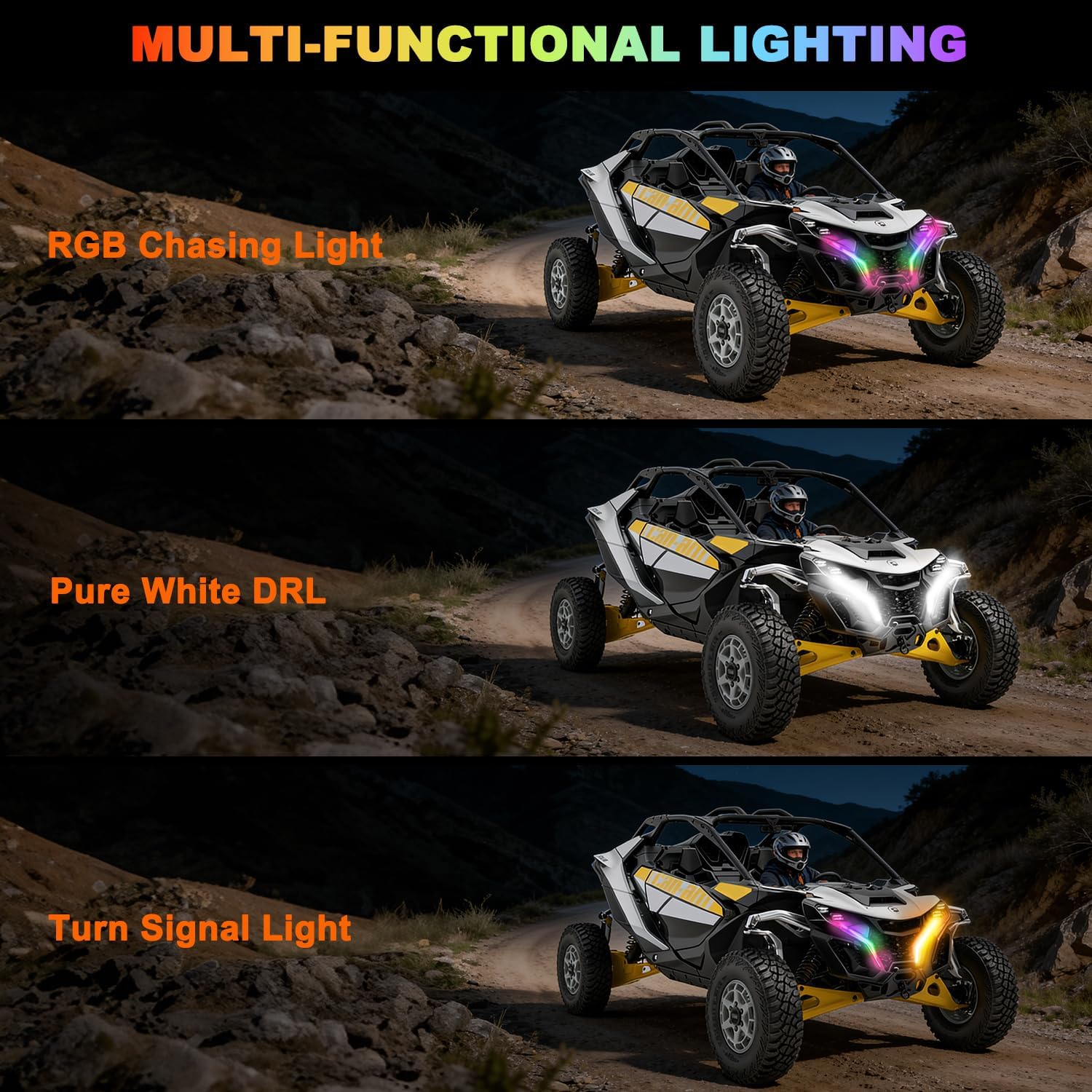 Tavaray  RGBW LED Fang Lights for Can-Am Maverick R 2024–2026 DRL White & RGB Color Chasing APP Music Sync Kit