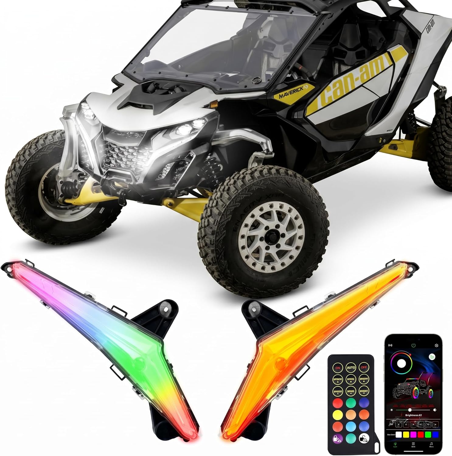 Tavaray  RGBW LED Fang Lights for Can-Am Maverick R 2024–2026 DRL White & RGB Color Chasing APP Music Sync Kit