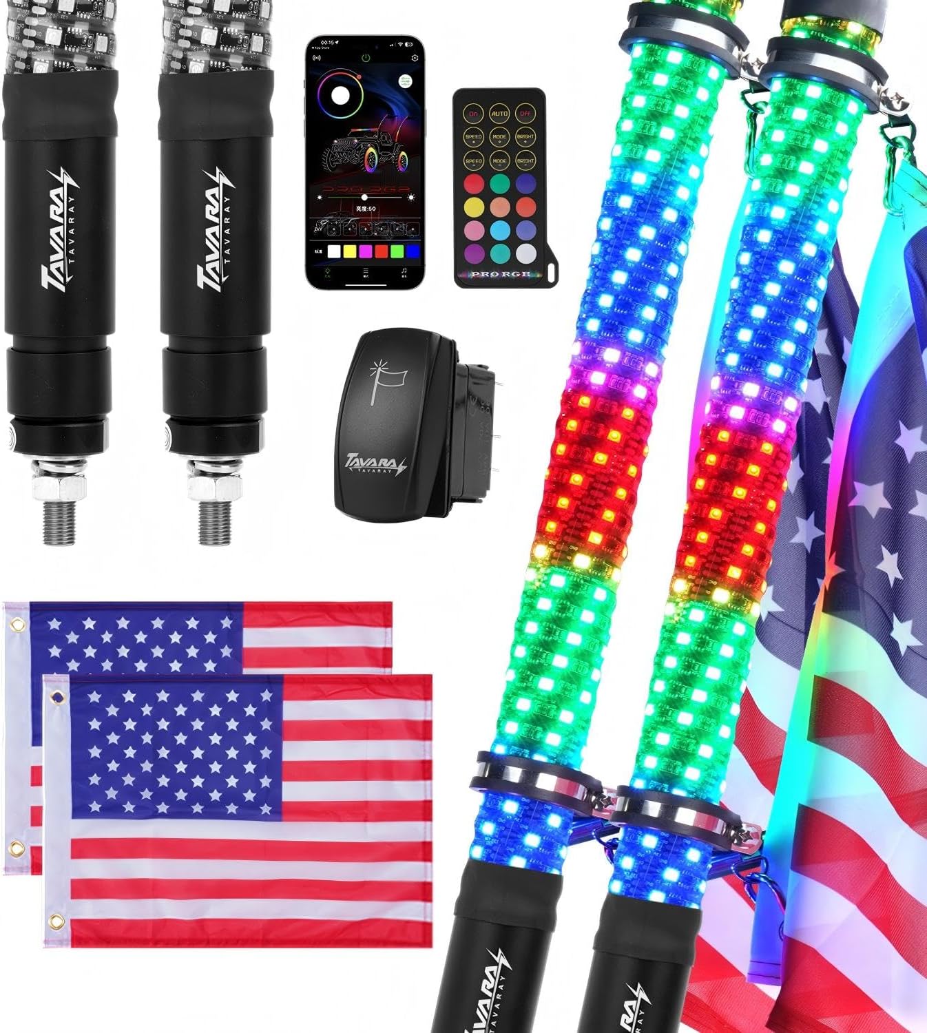 Tavaray Fat Whip Lights – Spiral RGB Chasing Lighted Antenna Whips, Whip Lights for Side by Side UTV ATV RZR Can-Am X3, with App/Remote Control, Turn Signal & Rocker Switch