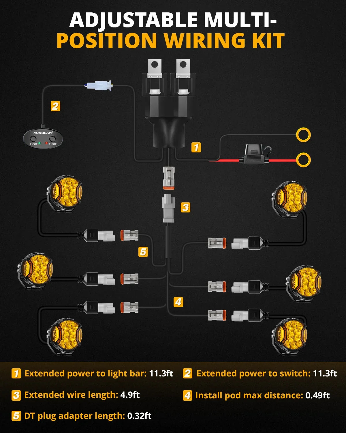 6-LED Pod Light Power Wiring Harness Kit with 3 PIN DT Plug