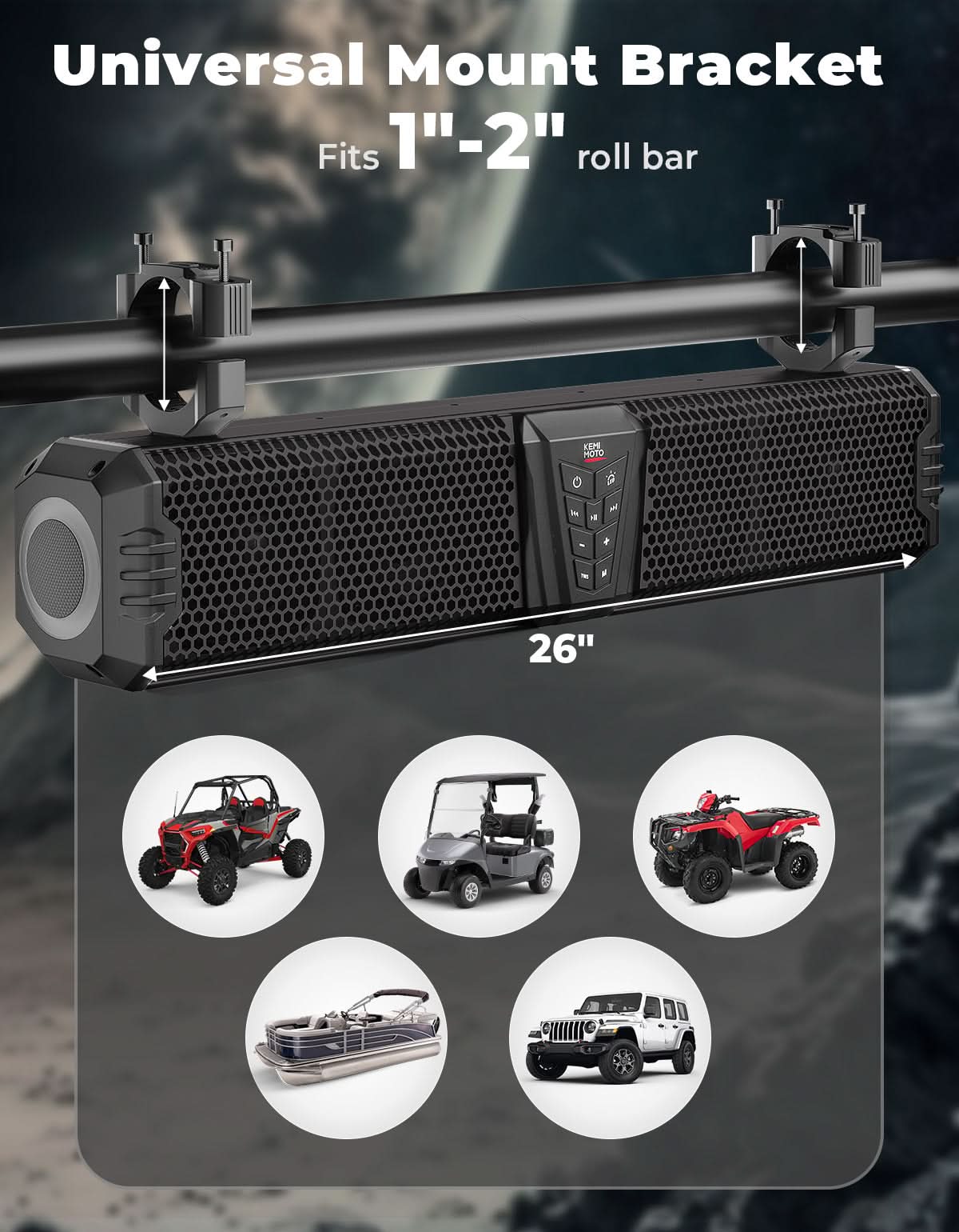 Midnight 60 UTV Soundbar 26" ¡§C Bluetooth & RGB Lights, Waterproof 2025 for Golf Cart/ATV/Polaris - Kemimoto