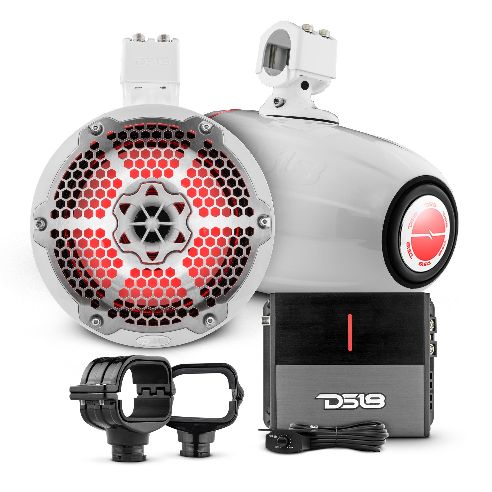 Bronco 6th Gen Roll Bar Audio Bundle – 8" Marine Tower Speakers with RGB LED Lights, OEM Roll Bar Mounting Clamps