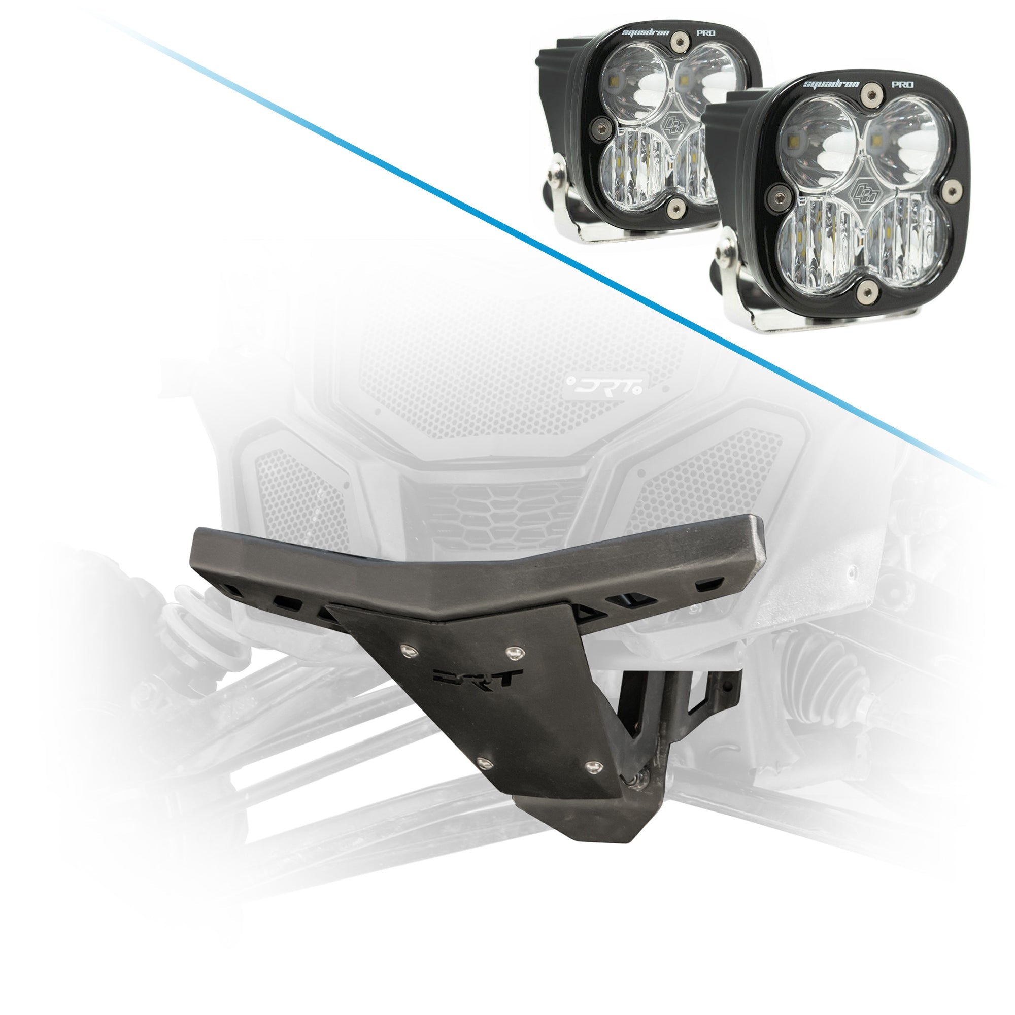 Front-end protection kit for Can-Am Maverick X3 2017+ DRT bumper with bulkhead reinforcement and Baja Designs XL80 LED Auxiliary Light Pods