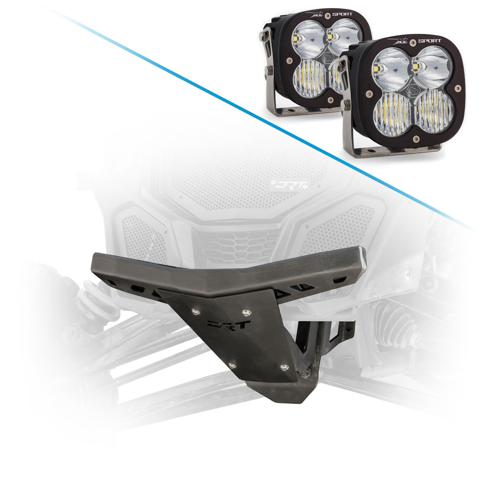 Durable front bumper and bulkhead kit for Maverick X3 2017+ enhances suspension support and stability and Baja Designs XL80 LED Auxiliary Light Pods