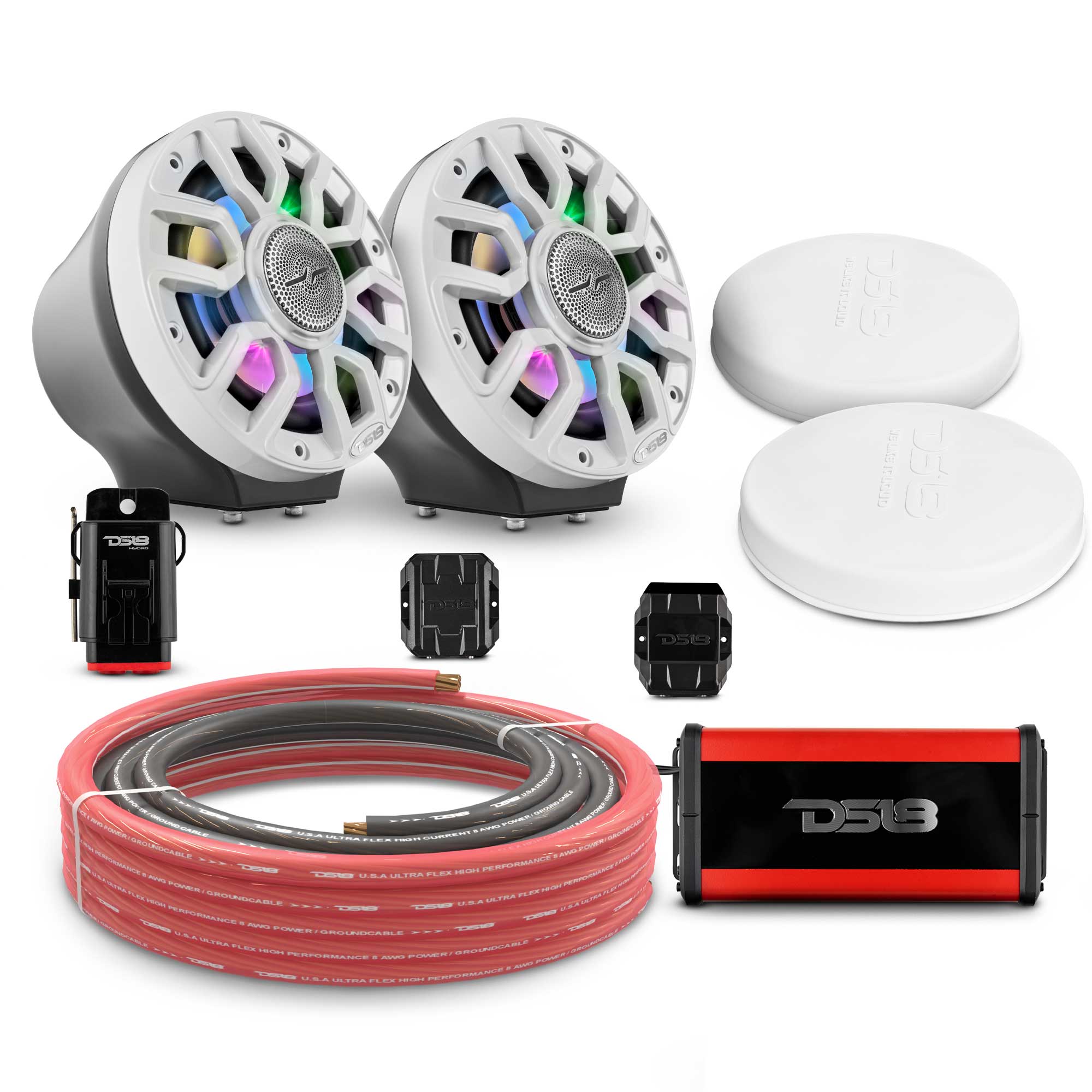 6.5" Loaded Flat Mount Speaker Pods with Amplifier, Installation Kit and Digital LED Lights, Package for Can-Am Spyder & Ryker