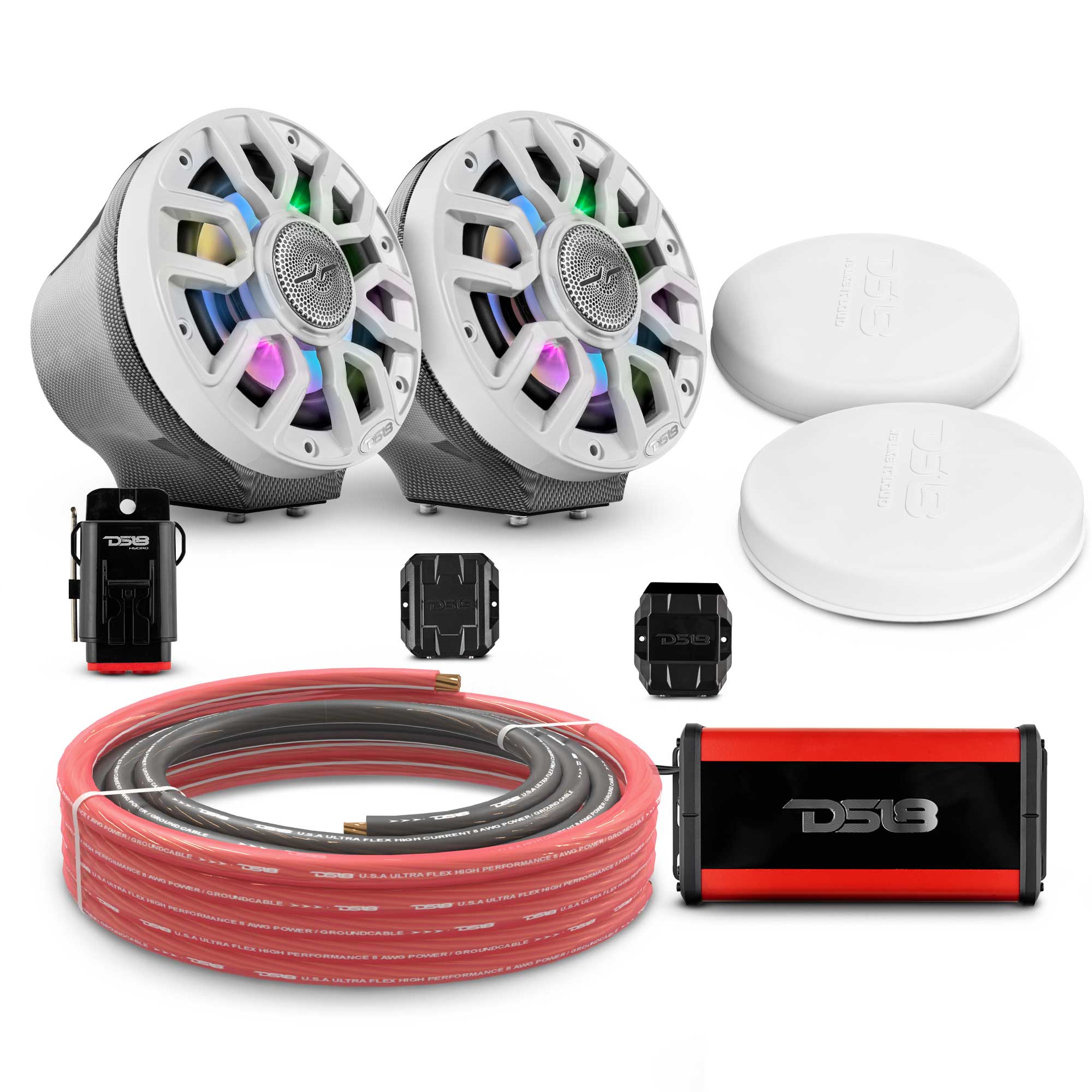 6.5" Loaded Flat Mount Speaker Pods with Amplifier, Installation Kit and Digital LED Lights, Package for Can-Am Spyder & Ryker