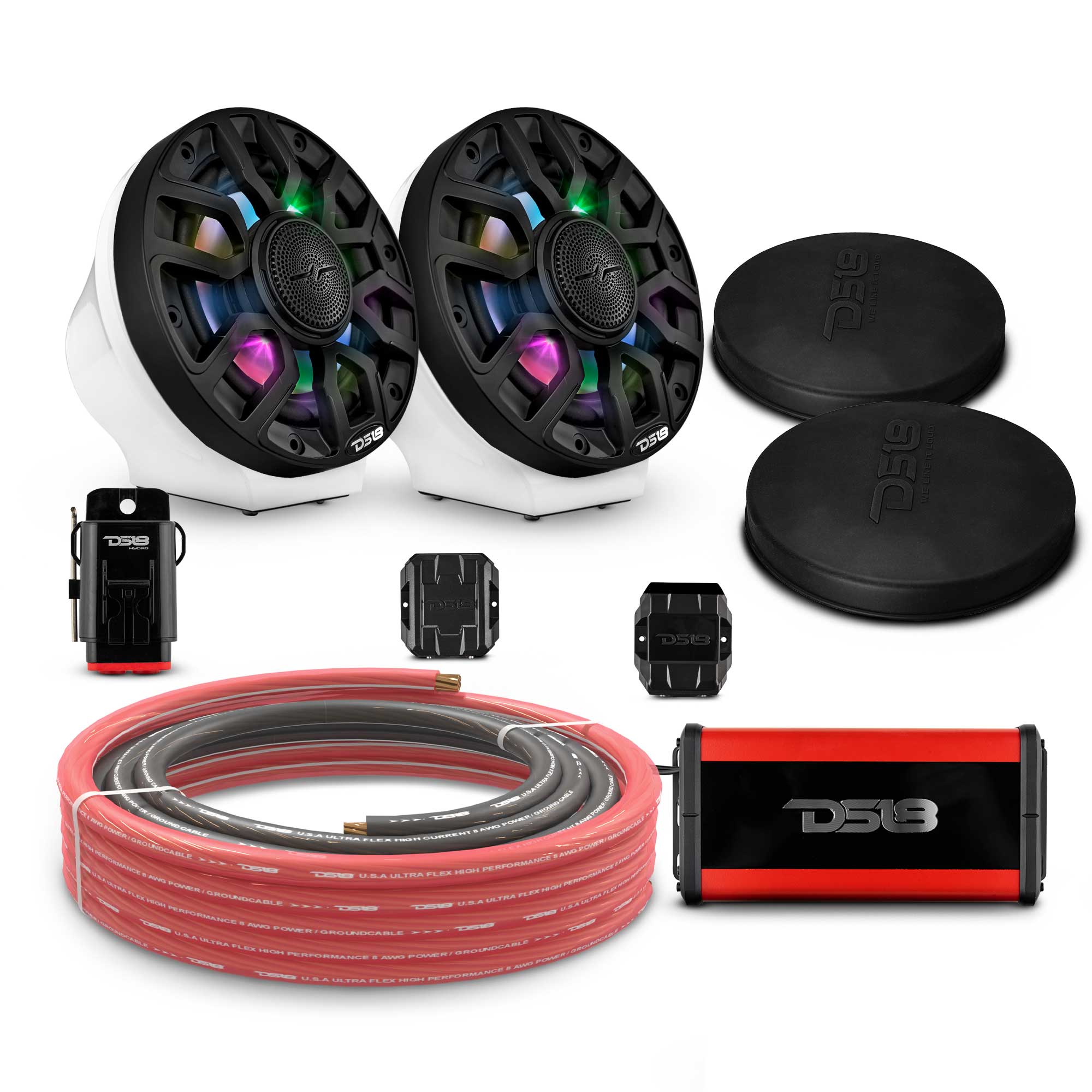 6.5" Loaded Flat Mount Speaker Pods with Amplifier, Installation Kit and Digital LED Lights, Package for Can-Am Spyder & Ryker