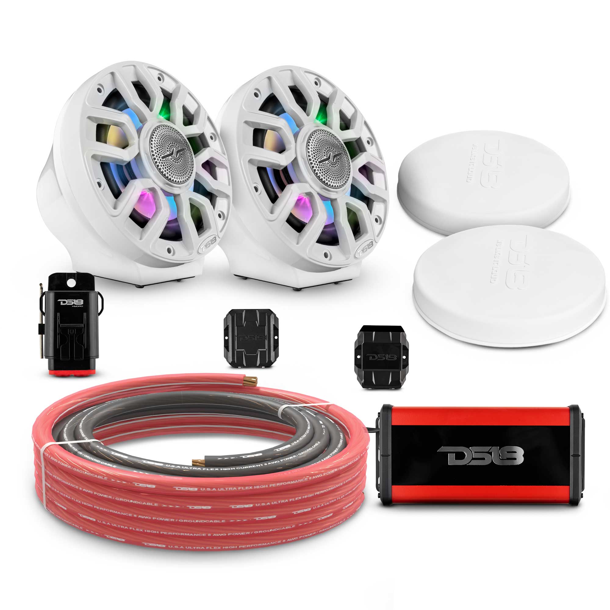 6.5" Loaded Flat Mount Speaker Pods with Amplifier, Installation Kit and Digital LED Lights, Package for Can-Am Spyder & Ryker