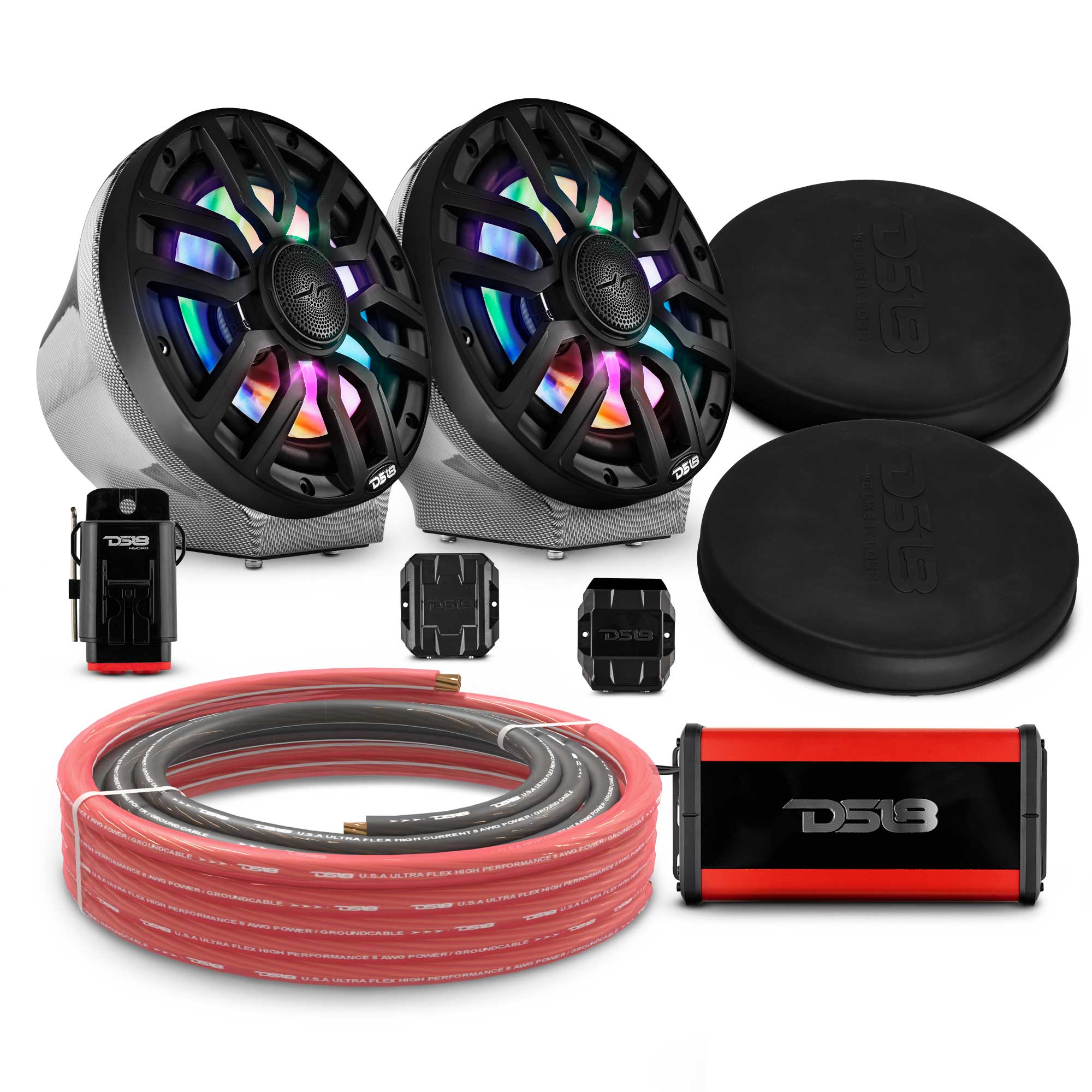 8" Loaded Flat Mount Speaker Pods with Amplifier, Installation Kit and Digital LED Lights, Package for Can-Am Spyder & Ryker