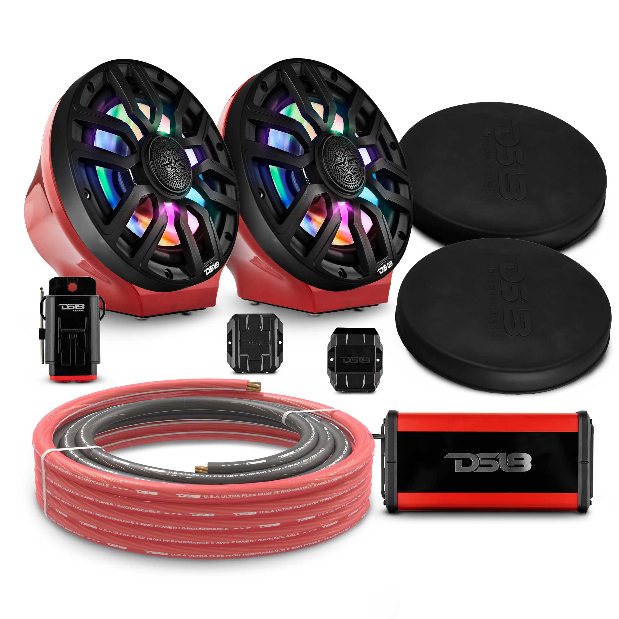 8" Loaded Flat Mount Speaker Pods with Amplifier, Installation Kit and Digital LED Lights, Package for Can-Am Spyder & Ryker