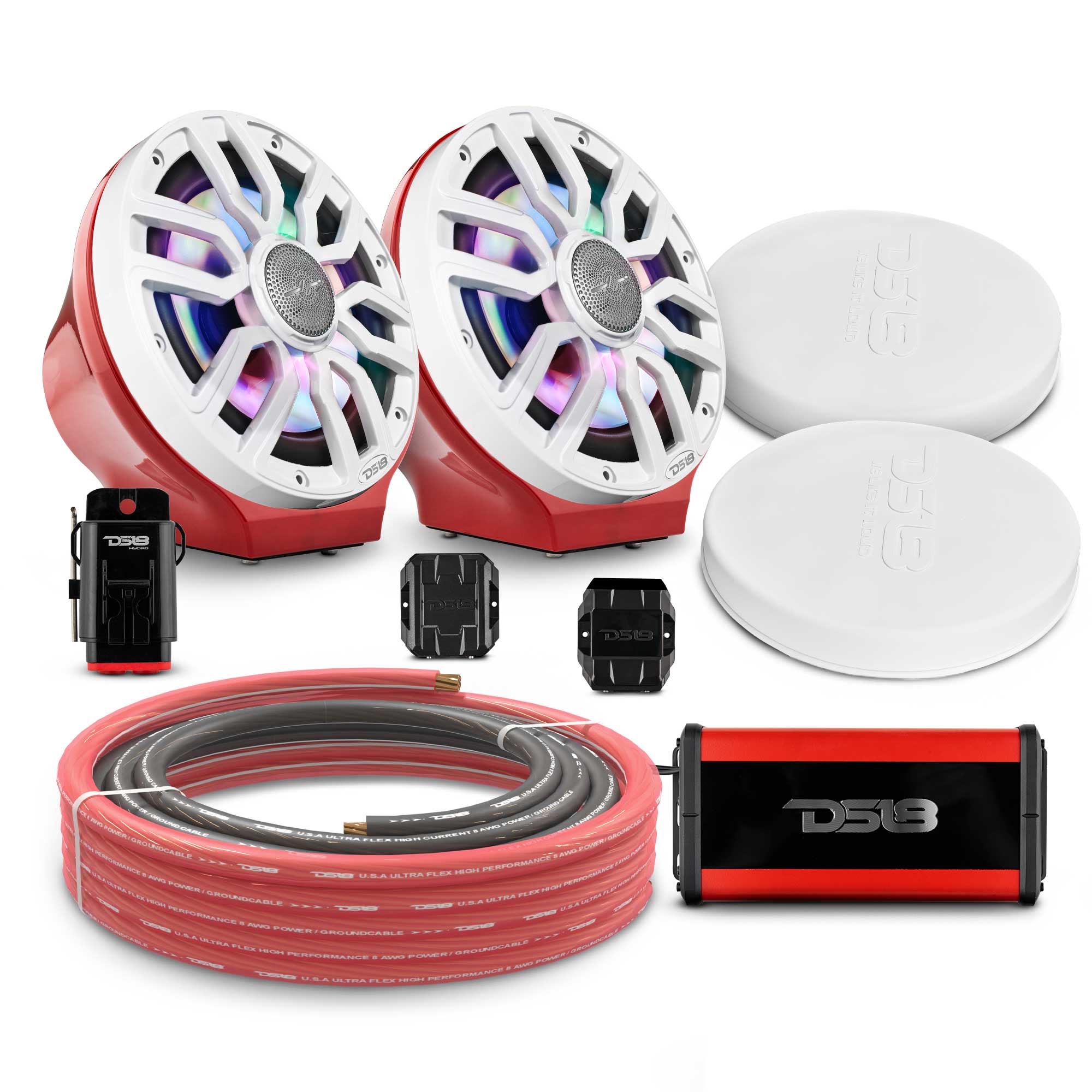 8" Loaded Flat Mount Speaker Pods with Amplifier, Installation Kit and Digital LED Lights, Package for Can-Am Spyder & Ryker