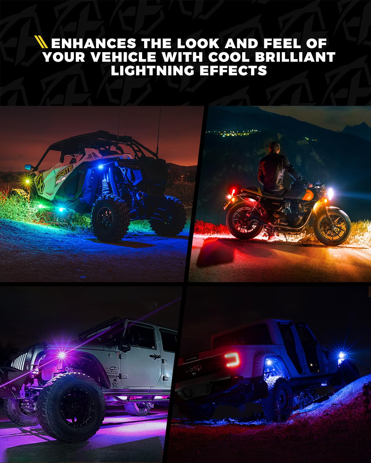 Xprite RGB LED Rock Lights with APP & Remote Control – Off-Road Underglow Lights for Jeep Trucks UTV ATV