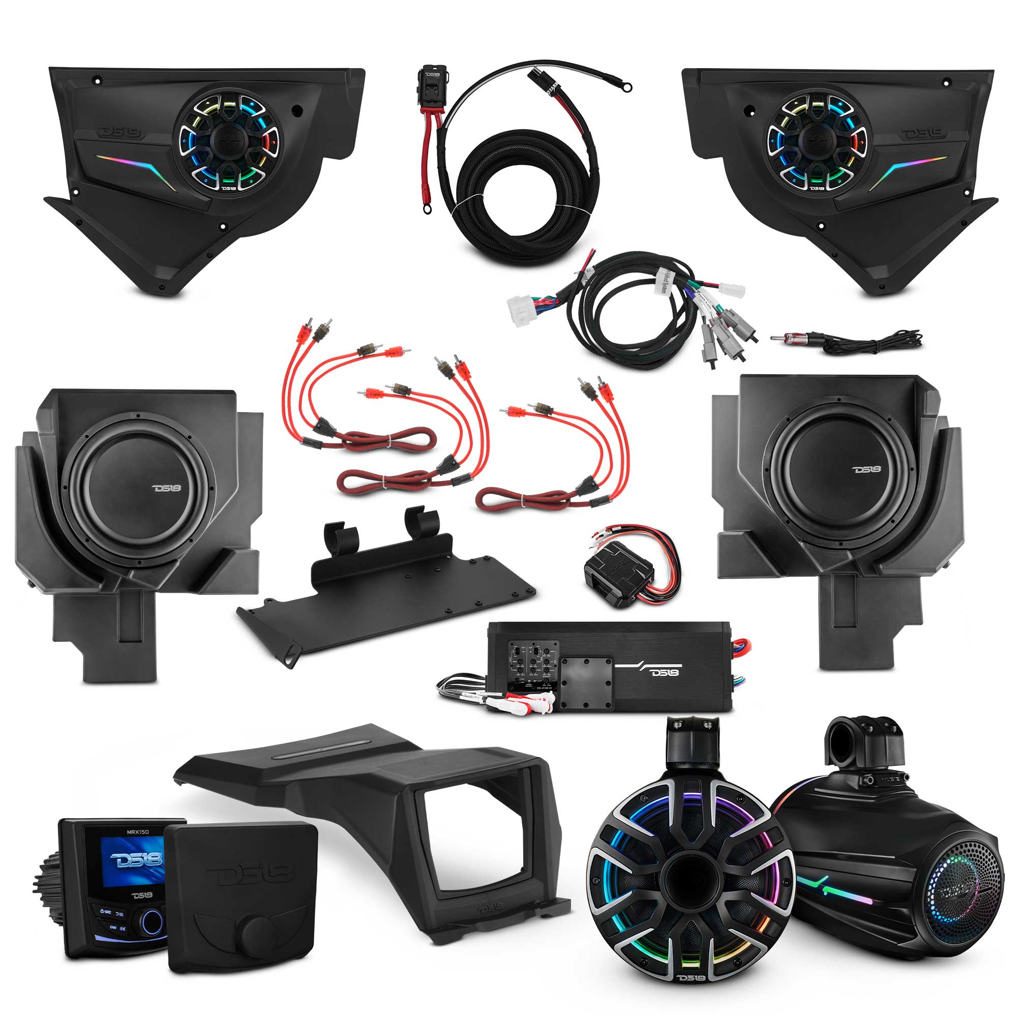 Can-Am Maverick X3 NVY Stage - Door Speaker Panels, 8" Neodymium Tower Speakers, Dual 12” Subwoofer, Amplifier, Bluetooth Radio & LED Lights