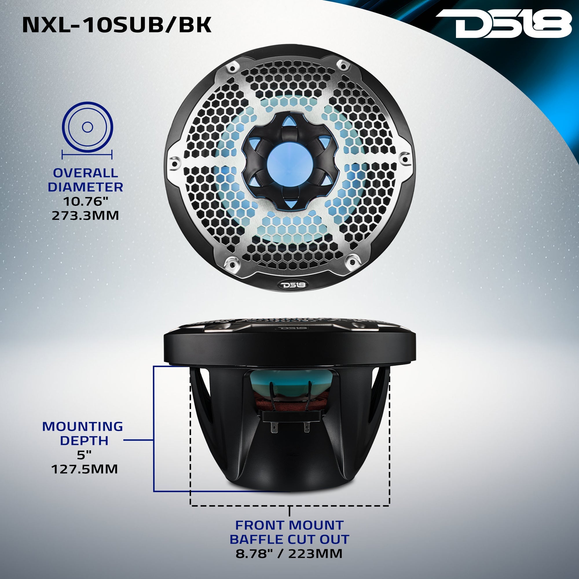 NXL 10" Marine Subwoofer with RGB LED Lights 300 Watts Rms SVC 4-Ohm - Black