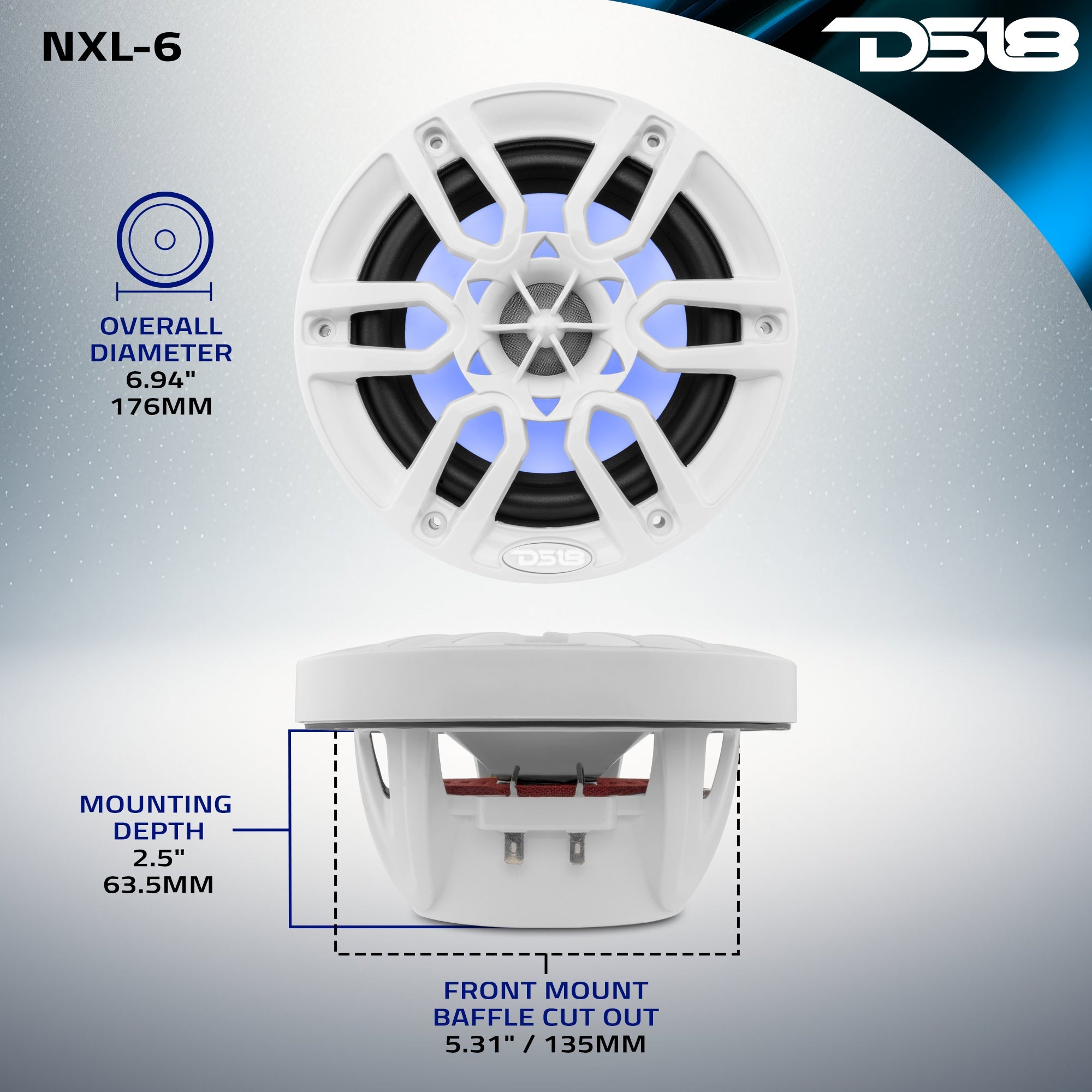 NXL 6.5" 2-Way Coaxial Marine Speaker With LED RGB Lights 100 Watts Rms 4-Ohm