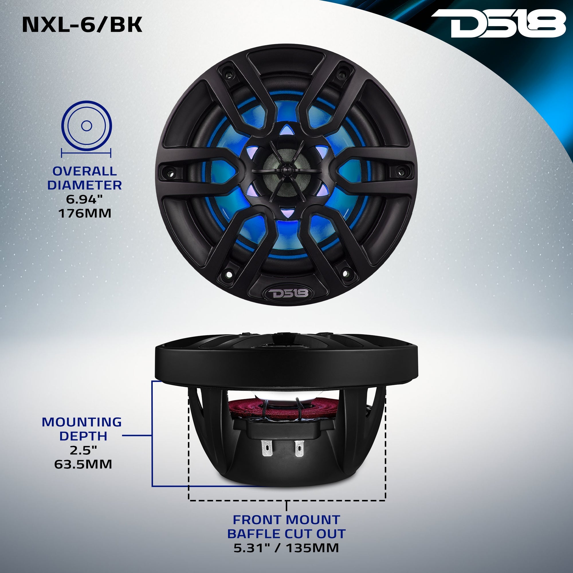 NXL 6.5" 2-Way Coaxial Marine Speaker With LED RGB Lights 100 Watts Rms 4-Ohm