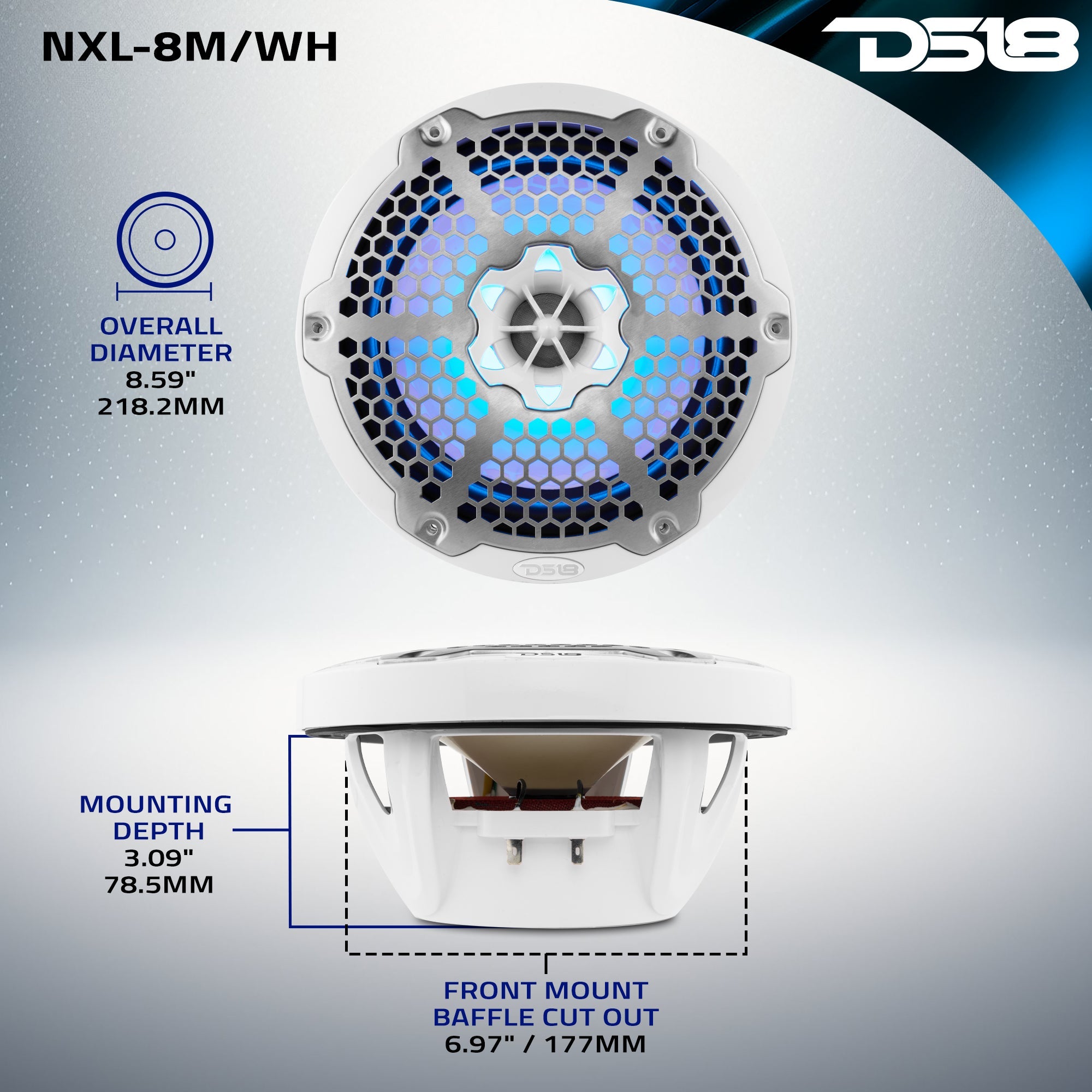 NXL 8" 2-Way Coaxial Marine Speaker With LED RGB Lights 125 Watts Rms 4-Ohm